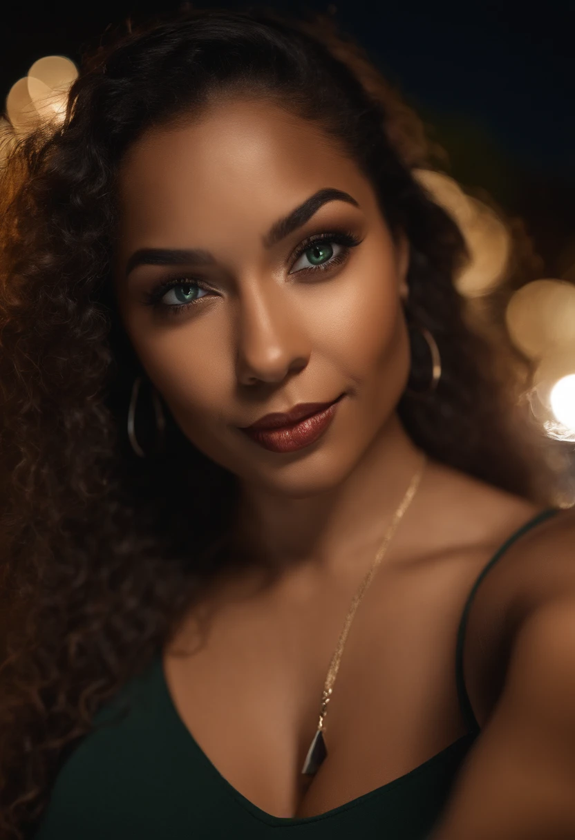 (selfie shot, from above:1.4), (half body postrait:1.4), RAW uhd portrait photo of a 24-year-old black mixed-race woman (green-eyed woman) walking down a dark alleyway, natural breasts_b, nighttime city background, (red sundress), (cleavage), detailed (textures!, hair!, shine, color!!, imperfections:1.1), highly detailed glossy eyes, (looking at the camera), specular lighting, dslr, ultra quality, sharp focus, tack sharp, dof, film grain, (centered), Fujifilm XT3, crystal clear, center of frame, cute face, sharp focus, street lamp, neon lights, bokeh, (dimly lit), low key, at night, (night sky) detailed skin pores, oiled skin, tan, intricate eye detail
