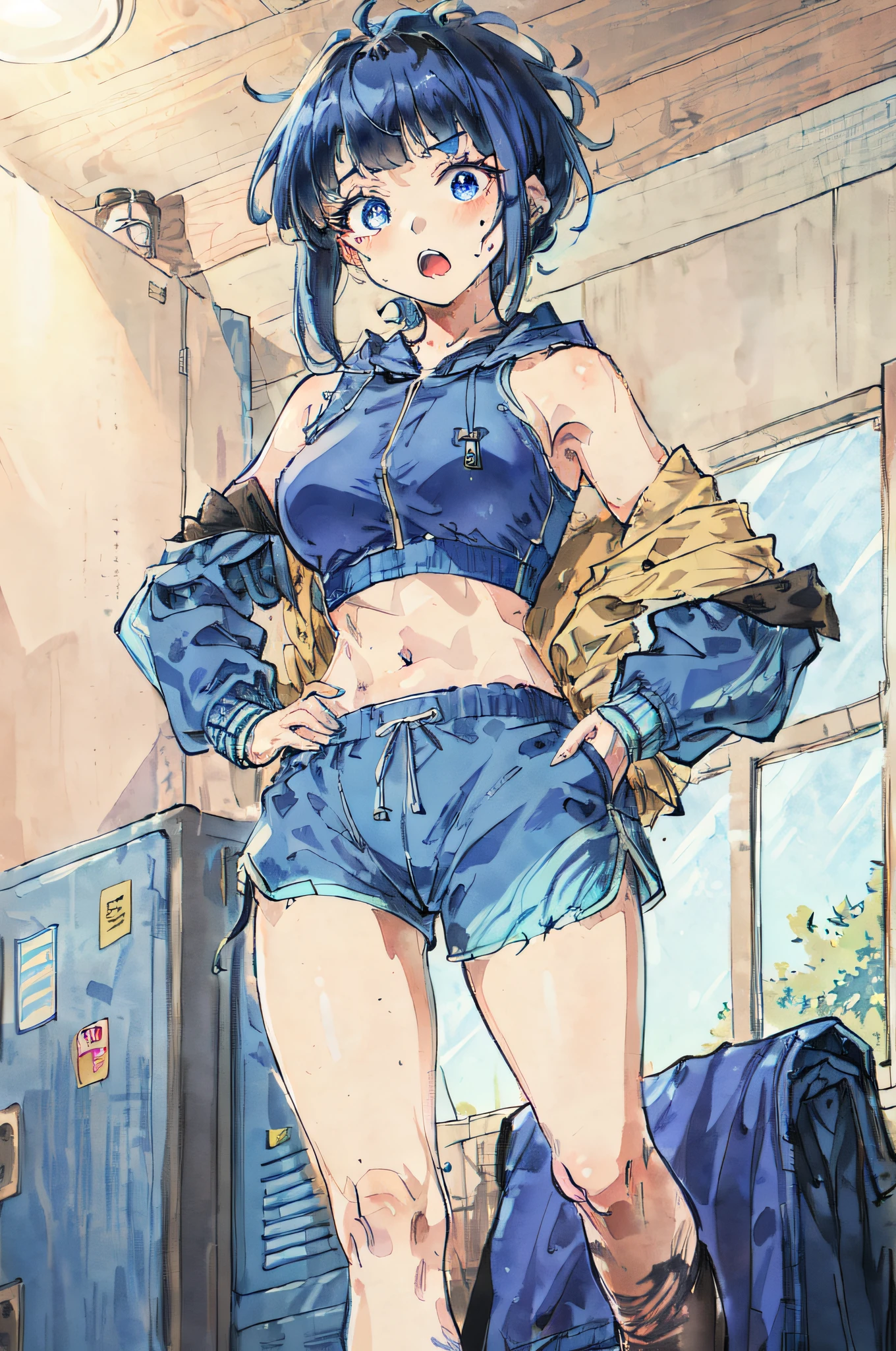 popart style,flat color,(best quality, masterpiece, ultra highres, ultra-detailed) ,Girl walking along the road by the sea,very happy,Beautiful detailed scenery,pose for viewer,
(,detailed face,(darkblue wavy-short hair),eyebrows,middle small breasts),BREAK color-block short jacket,belly button shirt,mini skirt,