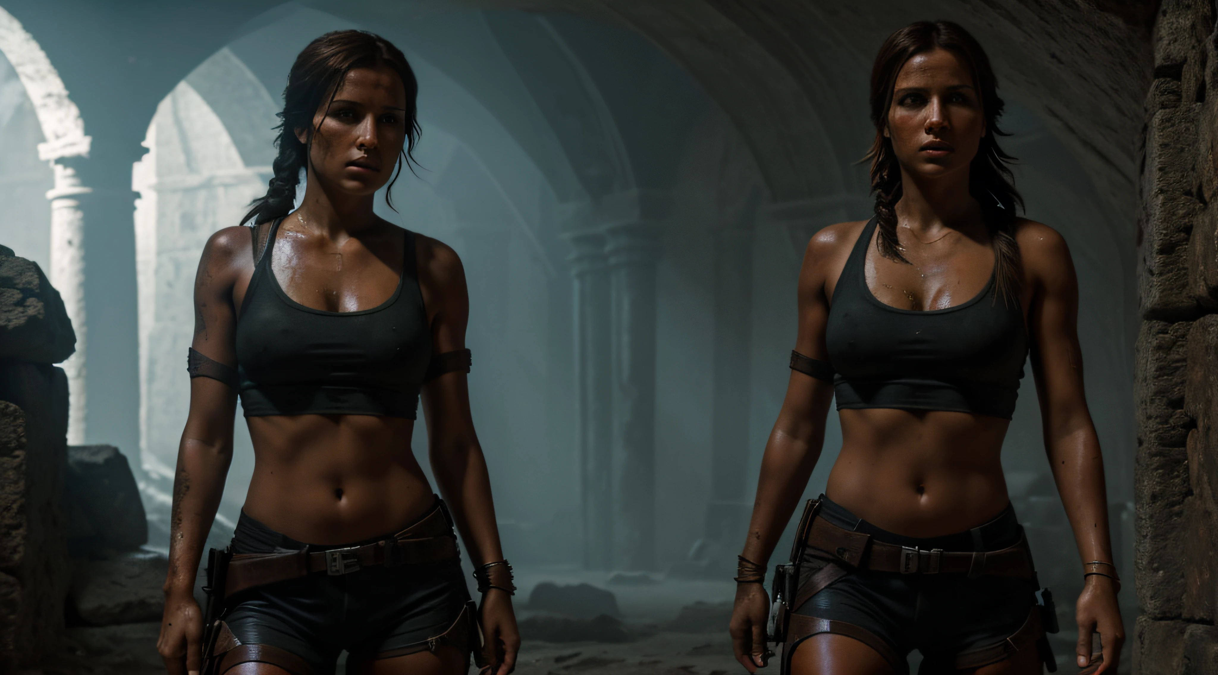 Lara Croft with Yennefer together, photorealistic, sunlight on body, sexy pose, beautiful body, beautiful face