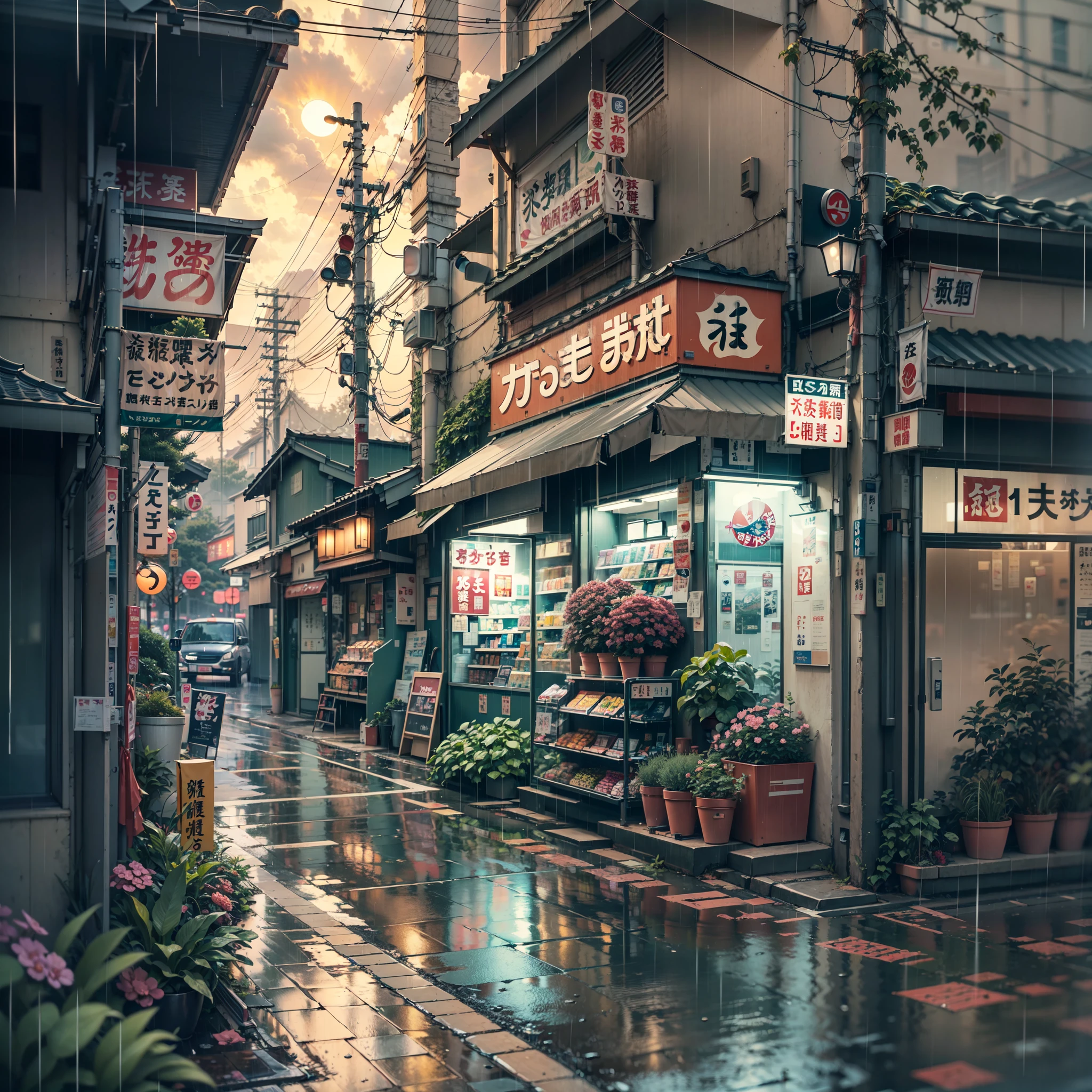 anime background, anime wallpaper, anime, anime style, lofi, lofi style, modern japanese street, modern japanese architecture, japanese convenience store, big retro japanese shop signs, retro japanese store, trees, plants, rocks, plant pots, shop signs, japanese banners, japanese signs, flags, sunrise, rain, raining, heavy rain, dramatic weather, puddles on the floor, rain falling from the sky, rain drops, empty street, no one in sight, (no one: 1), best quality, rural tokyo