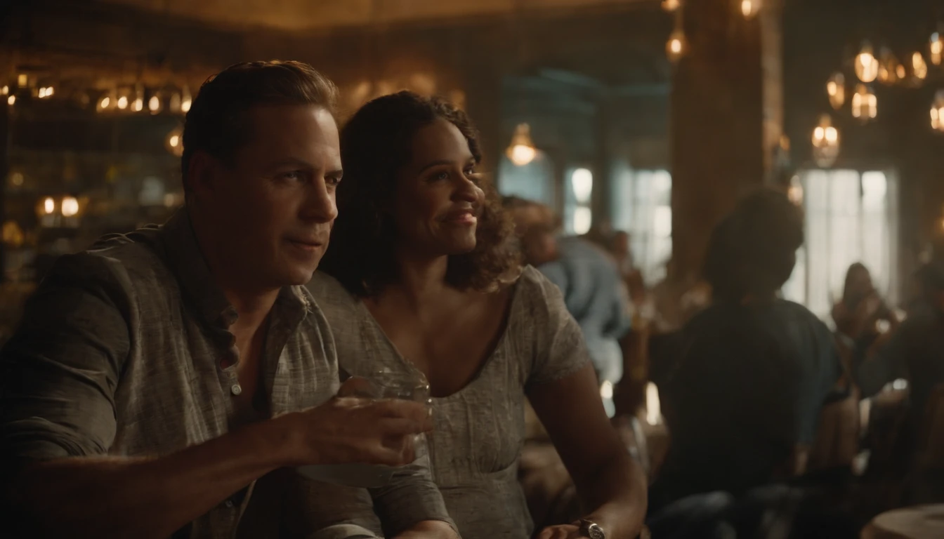 Pessoas conversando em um pub, Realistic, Fundo desfocado, 8K drive rendering, action shot, pintura digital, Dramatic, Cinematic lighting, Conceito-Arte, liso, foco nítido, poros da pele, datailed.