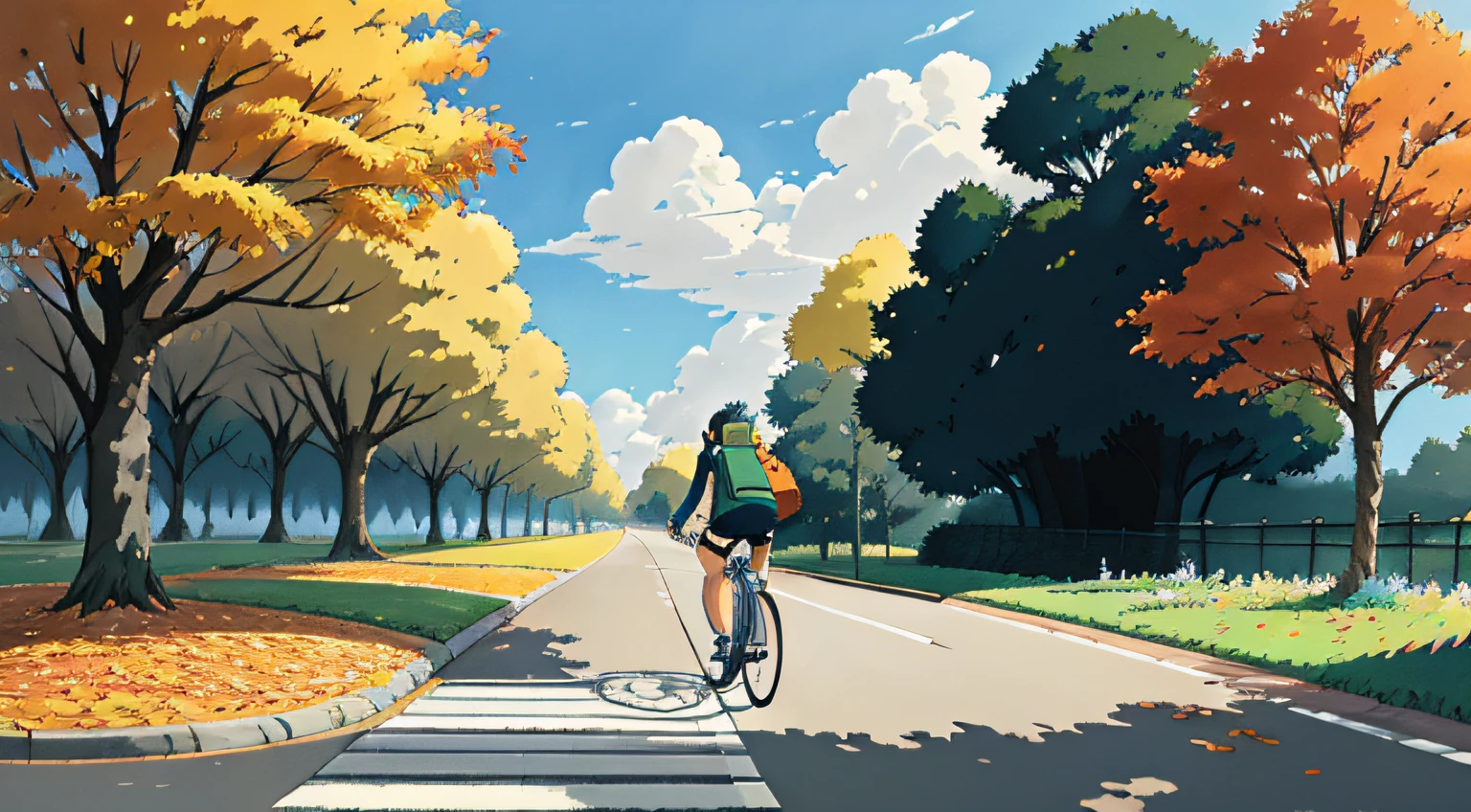 (cycliste seul: 1.5), (Realistic bike: 1.5), (realistic cyclist: 1.5), Plan en gros plan, Le meilleur des meilleurs, automne, Orange leaves, Feuilles qui tombent, Landscaped background, ombres, contraste, Makoto Shinkai (beste-Qualit:1.3), (high resolucion:1) Art par Studio Ghibli Style, impressionnisme, couleurs vibrantes