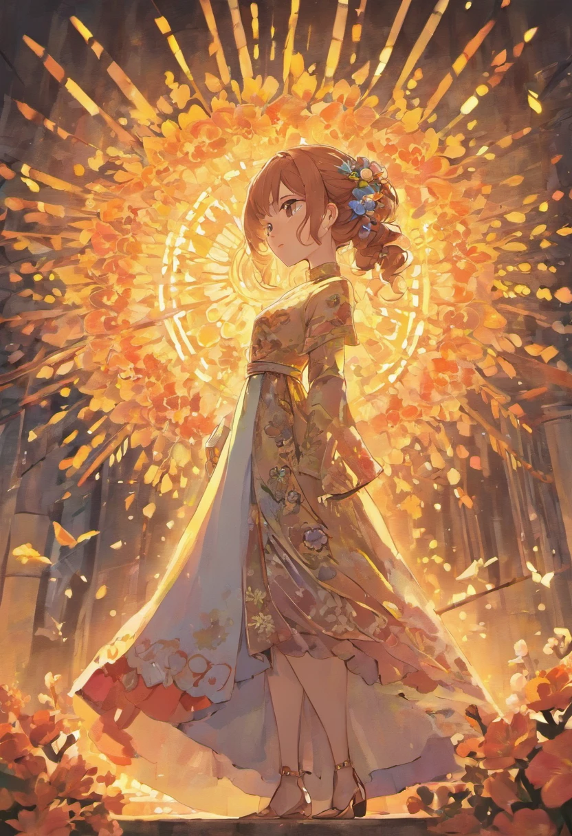 Female Samurai、A dark-haired、poneyTail、huge tit、Black, white and yellow kimono、A long sword is stuck in the waist、Chrysanthemum flowers on the background