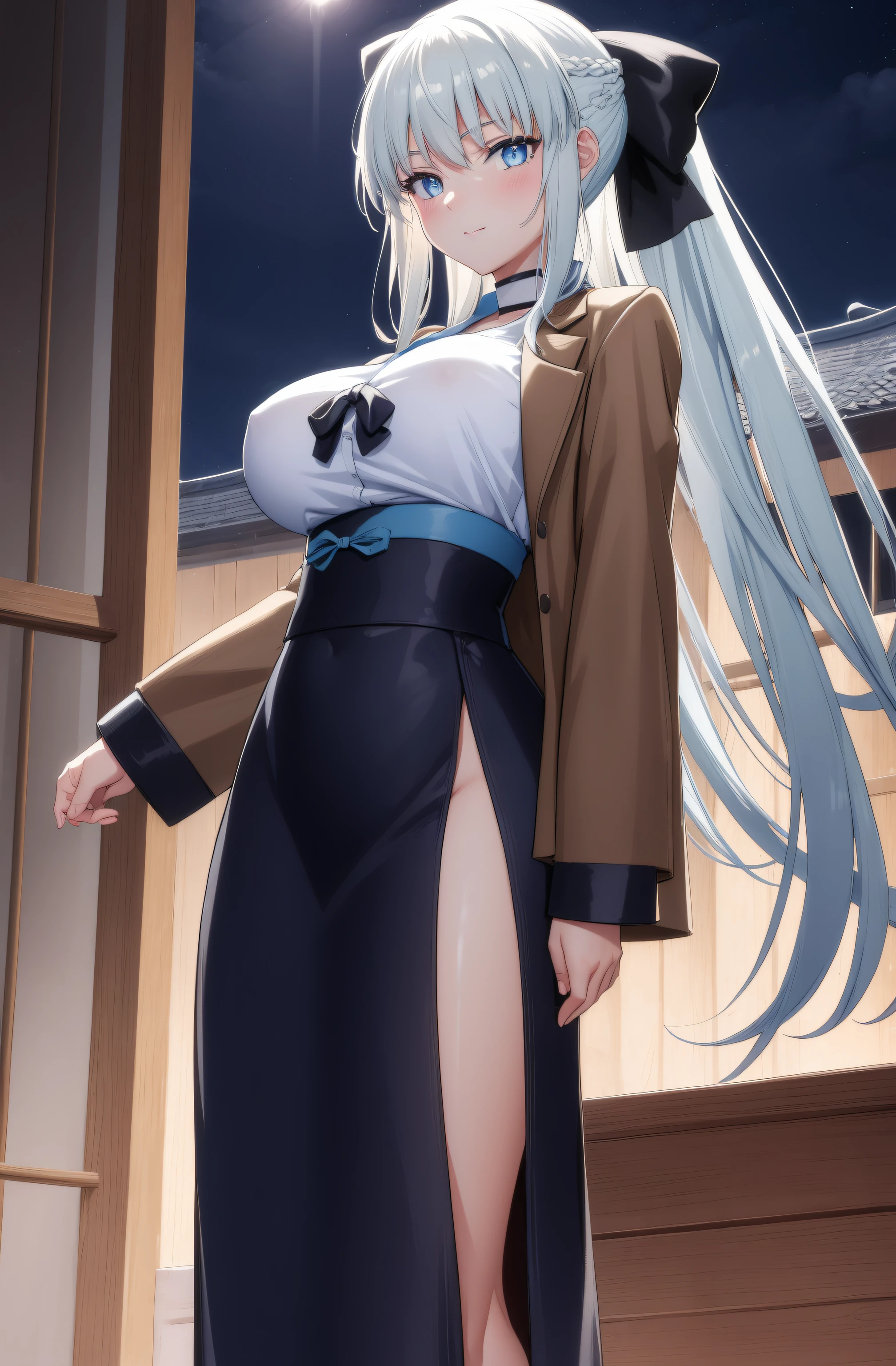 (night:1.7), east asian architecture,
Standing at attention,
brown jacket, white sweater vest, turtleneck,long sleeves, skirt,
morgan le fay, black bow, bow, light blue hair, blue eyes, choker, hair bow, hair ornament, long hair, ribbon,
1 girl, 20yo,mature female,Beautiful Finger,Beautiful body,Beautiful Nose,Beautiful character design, perfect eyes, perfect face,seductive anime girl.teasing smile,
looking at viewer,(innocent_big_eyes:1.0),(expressionless:1.3),
NSFW,official art,extremely detailed CG unity 8k wallpaper, perfect lighting,Colorful, Bright_Front_face_Lighting,
(masterpiece:1.0),(best_quality:1.0), ultra high res,4K,ultra-detailed,
photography, 8K, HDR, highres, absurdres:1.2, Kodak portra 400, film grain, blurry background, bokeh:1.2, lens flare, (vibrant_color:1.2)
(Beautiful,medium_Breasts:1.4), (beautiful_face:1.5),(narrow_waist),(perfect hands, perfect anatomy)