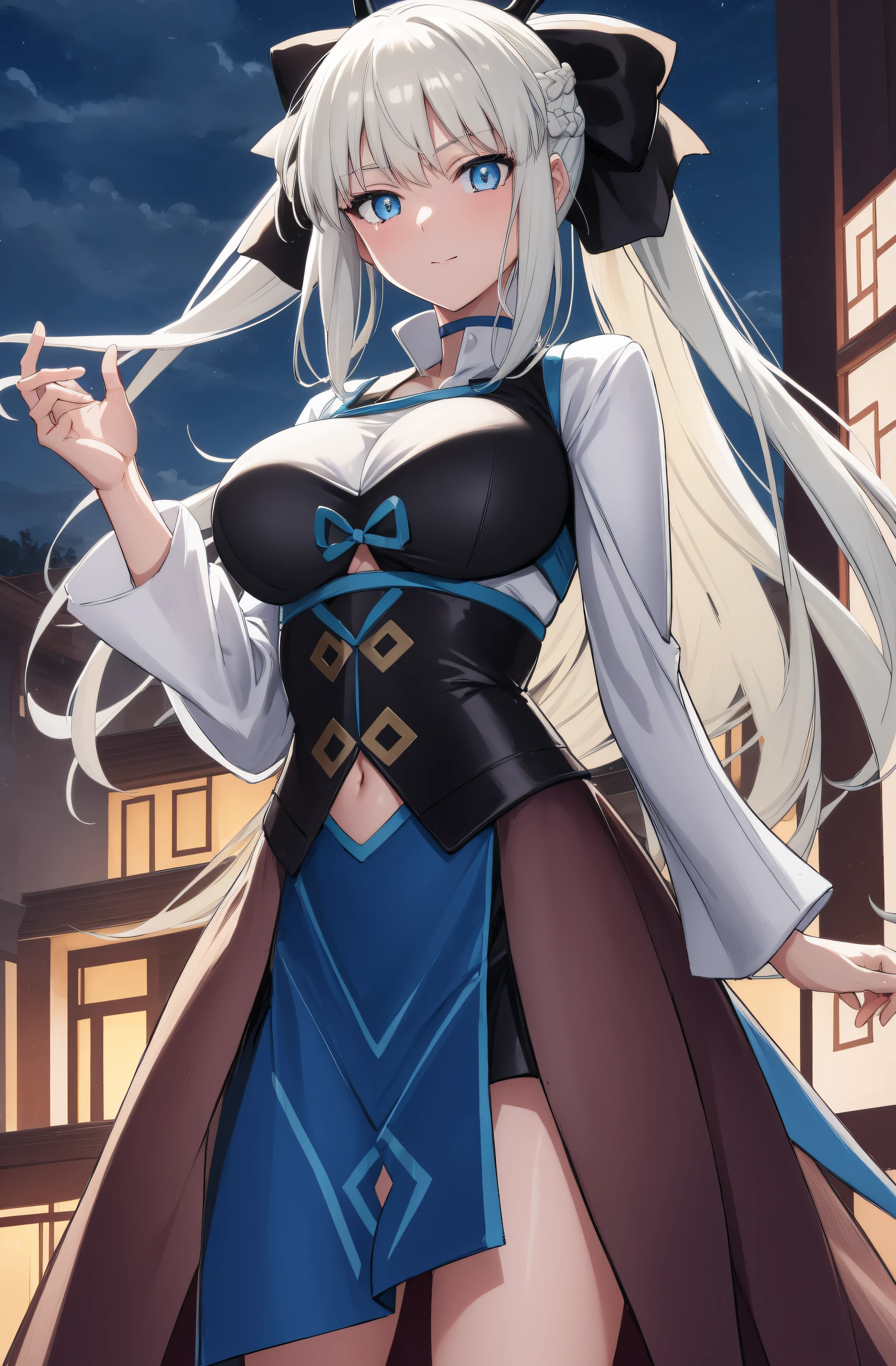 (night:1.7), east asian architecture,
Standing at attention,
brown jacket, white sweater vest, turtleneck,long sleeves, skirt,
morgan le fay, black bow, bow, light blue hair, blue eyes, choker, hair bow, hair ornament, long hair, ribbon,
1 girl, 20yo,mature female,Beautiful Finger,Beautiful body,Beautiful Nose,Beautiful character design, perfect eyes, perfect face,seductive anime girl.teasing smile,
looking at viewer,(innocent_big_eyes:1.0),(expressionless:1.3),
NSFW,official art,extremely detailed CG unity 8k wallpaper, perfect lighting,Colorful, Bright_Front_face_Lighting,
(masterpiece:1.0),(best_quality:1.0), ultra high res,4K,ultra-detailed,
photography, 8K, HDR, highres, absurdres:1.2, Kodak portra 400, film grain, blurry background, bokeh:1.2, lens flare, (vibrant_color:1.2)
(Beautiful,medium_Breasts:1.4), (beautiful_face:1.5),(narrow_waist),(perfect hands, perfect anatomy)