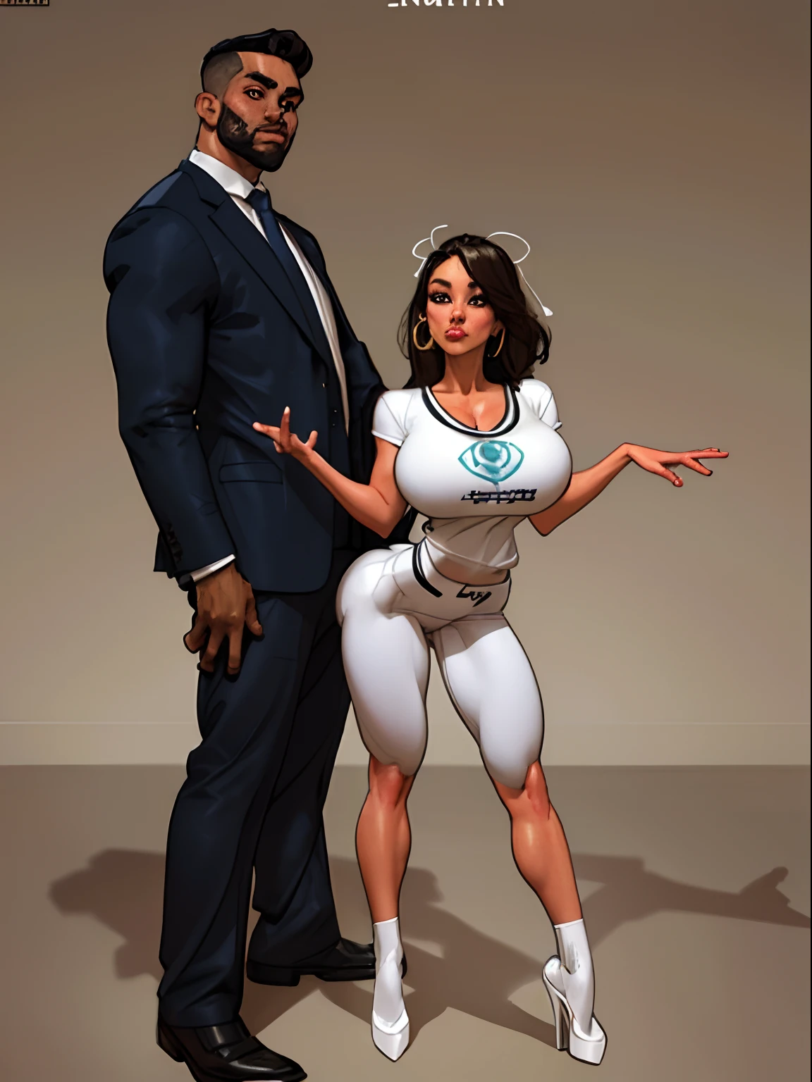 Lonely young  girl, Tall stature, large chest, closed mouth, asian face: brown eyes; black hair; sharp facial features; dimple on the chin; asian; ; pronounced high cheekbones; high forehead, stands upright, (gigantic breasts:1.4), detailed face, school uniform: large ribbon; pants, Full-length painting, white crew socks, black heels, big eyes, Thepit style