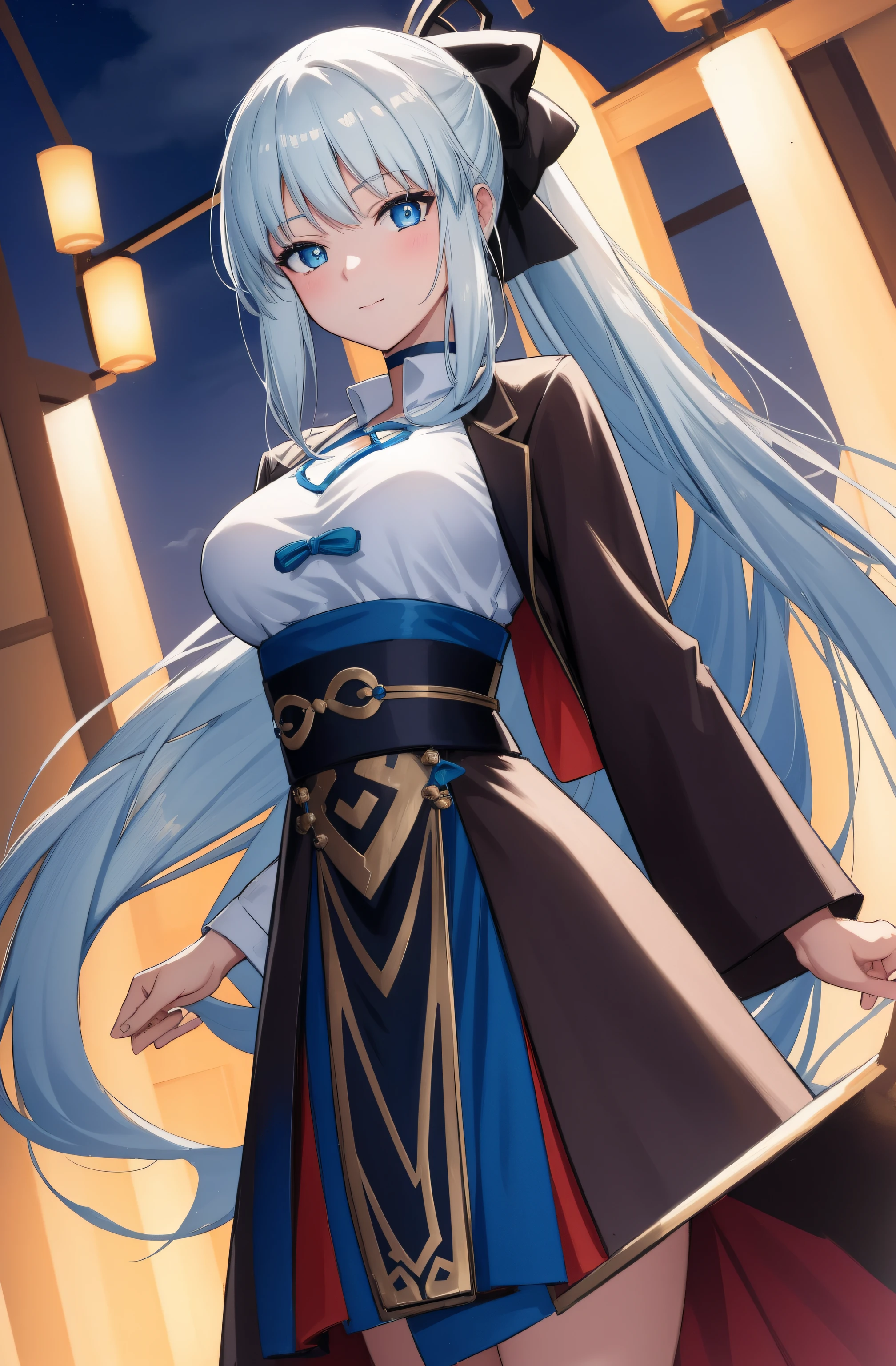 (night:1.7), east asian architecture,
Standing at attention,
brown jacket, white sweater vest, turtleneck,long sleeves, skirt,
morgan le fay, black bow, bow, light blue hair, blue eyes, choker, hair bow, hair ornament, long hair, ribbon,
1 girl, 20yo,mature female,Beautiful Finger,Beautiful body,Beautiful Nose,Beautiful character design, perfect eyes, perfect face,seductive anime girl.teasing smile,
looking at viewer,(innocent_big_eyes:1.0),(expressionless:1.3),
NSFW,official art,extremely detailed CG unity 8k wallpaper, perfect lighting,Colorful, Bright_Front_face_Lighting,
(masterpiece:1.0),(best_quality:1.0), ultra high res,4K,ultra-detailed,
photography, 8K, HDR, highres, absurdres:1.2, Kodak portra 400, film grain, blurry background, bokeh:1.2, lens flare, (vibrant_color:1.2)
(Beautiful,medium_Breasts:1.4), (beautiful_face:1.5),(narrow_waist),(perfect hands, perfect anatomy)