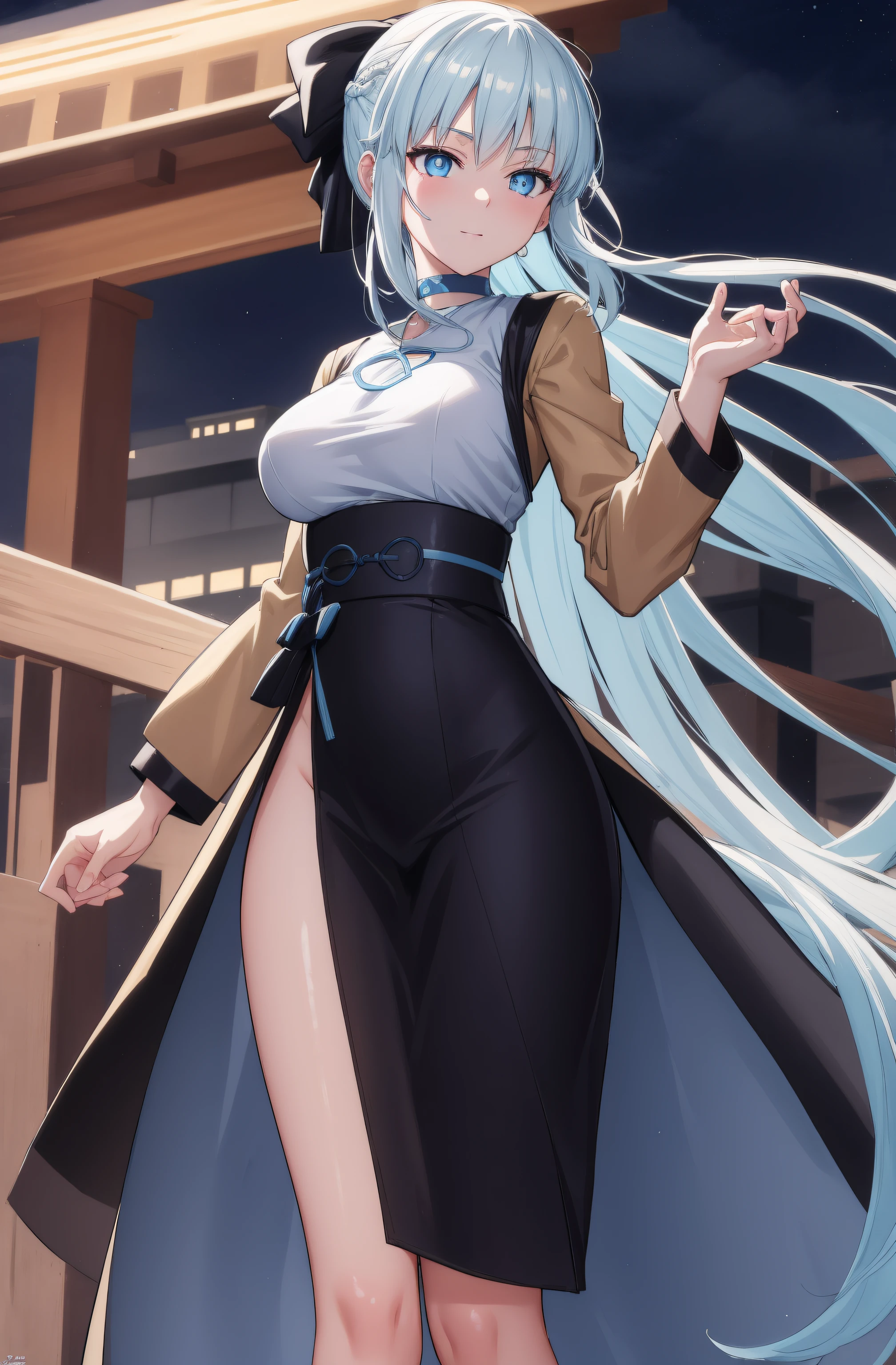 (night:1.7), east asian architecture,
Standing at attention,
brown jacket, white sweater vest, turtleneck,long sleeves, skirt,
morgan le fay, black bow, bow, light blue hair, blue eyes, choker, hair bow, hair ornament, long hair, ribbon,
1 girl, 20yo,mature female,Beautiful Finger,Beautiful body,Beautiful Nose,Beautiful character design, perfect eyes, perfect face,seductive anime girl.teasing smile,
looking at viewer,(innocent_big_eyes:1.0),(expressionless:1.3),
NSFW,official art,extremely detailed CG unity 8k wallpaper, perfect lighting,Colorful, Bright_Front_face_Lighting,
(masterpiece:1.0),(best_quality:1.0), ultra high res,4K,ultra-detailed,
photography, 8K, HDR, highres, absurdres:1.2, Kodak portra 400, film grain, blurry background, bokeh:1.2, lens flare, (vibrant_color:1.2)
(Beautiful,medium_Breasts:1.4), (beautiful_face:1.5),(narrow_waist),(perfect hands, perfect anatomy)