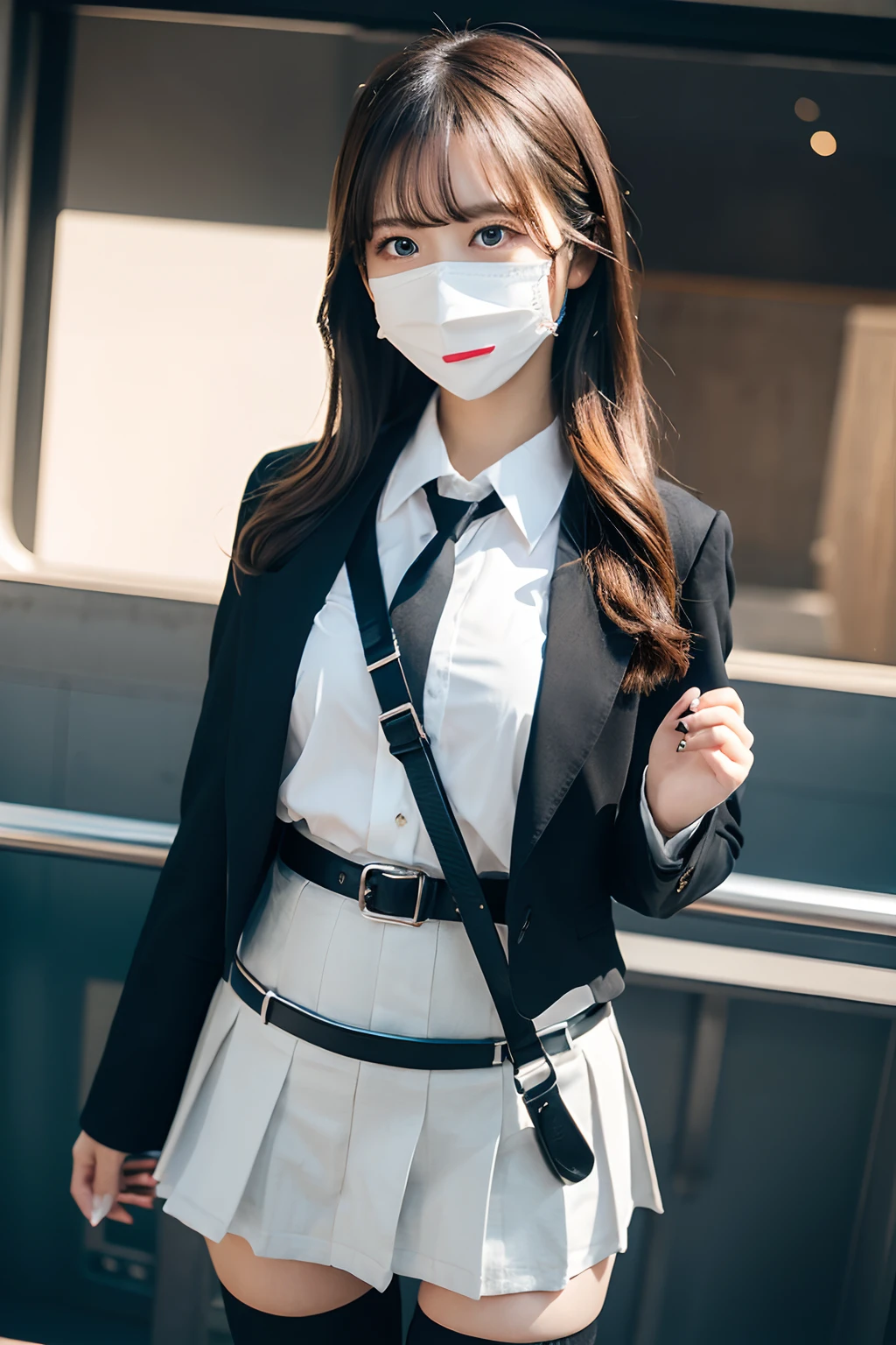 masterpiece、top-quality、The ultra -The high-definition、、colourfull、flat-colors、depth of fields、lens flare 1 girl、、A dark-haired、watching at viewers Cutter shirt a belt suspenders working adults materia OL Black Suit Black jacket glares huge-breasted a miniskirt garterbelts knee high Stockings Black Neeso Mask Rat-colored eyes