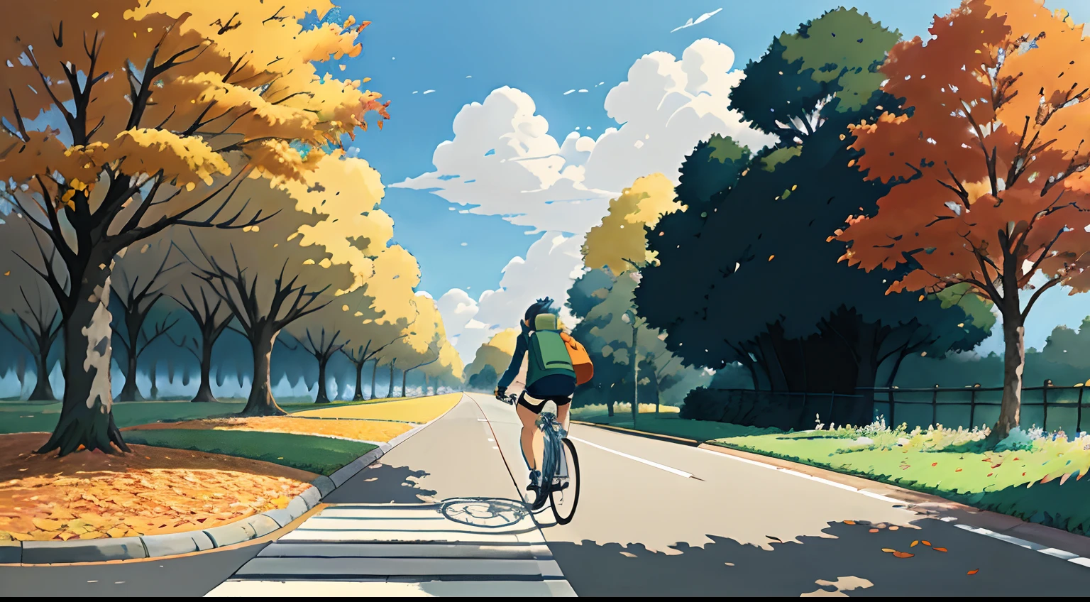 (cycliste seul: 1.5), (Realistic bike: 1.5), (realistic cyclist: 1.5), Plan en gros plan, Le meilleur des meilleurs, automne, Orange leaves, Feuilles qui tombent, Landscaped background, ombres, contraste, Makoto Shinkai (beste-Qualit:1.3), (high resolucion:1) Art par Studio Ghibli Style, impressionnisme, couleurs vibrantes