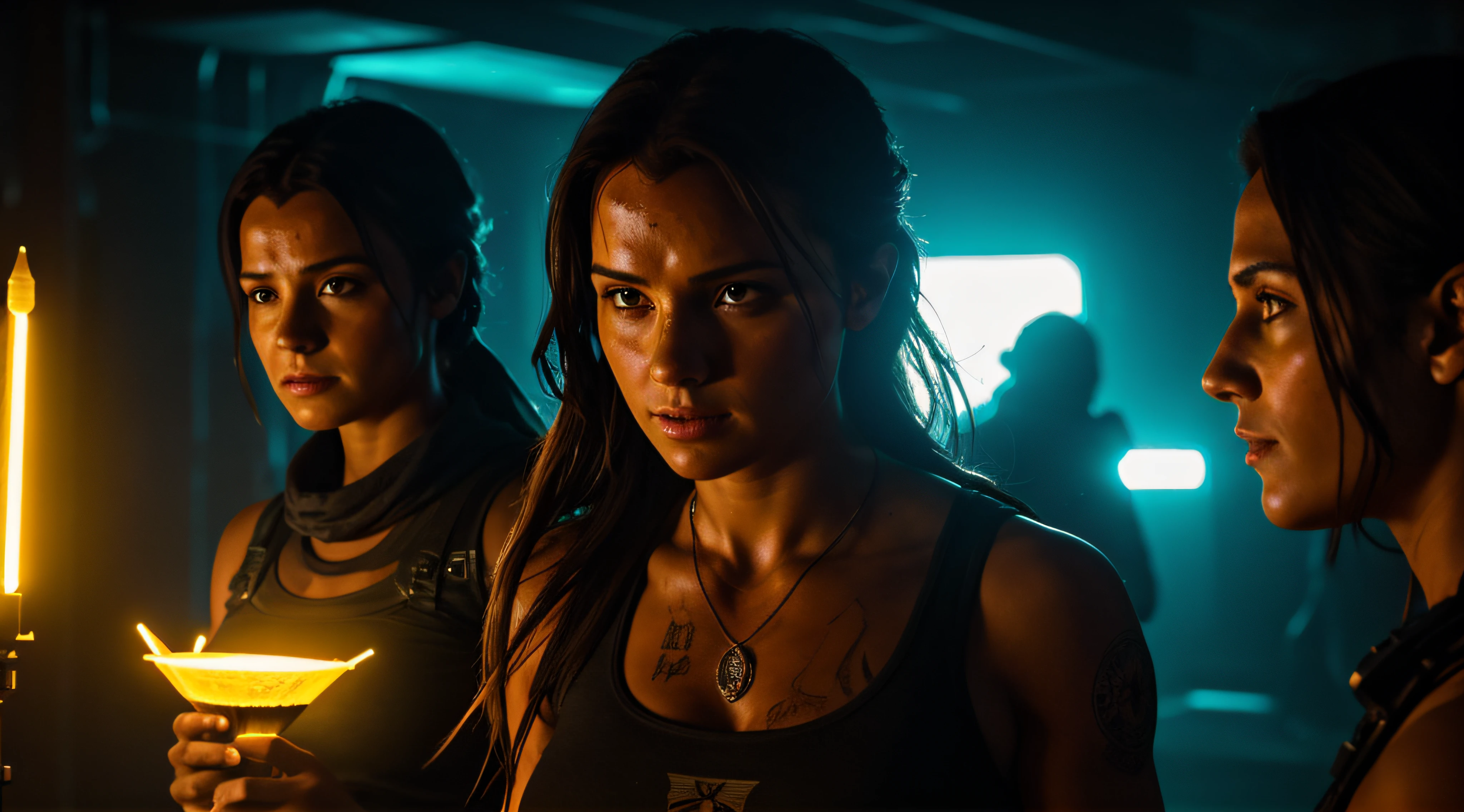 (obra prima) (ultradetalhada) (ultrarrealista | | | | | | | | | | | |) tomb raider, em uma festa, neon, cyberpunk, 20 anos de idade Foto premiada, BLN-L24, exposure,Alto contraste,low saturation,high saturation 8k 3D, f 2.8 lentes, Cinematic lighting