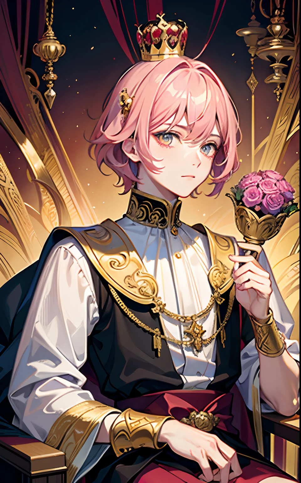 masterpiece, top quality, best quality, official art, beautiful and aesthetic:1.2), (1man), teen man, young man, man of 16, extreme detailed,(fractal art:1.3),colorful,highest detailed, pink hair, short hair, golden eyes, prince, thin, sitting, holding crown, mask on face, abstract dark background
