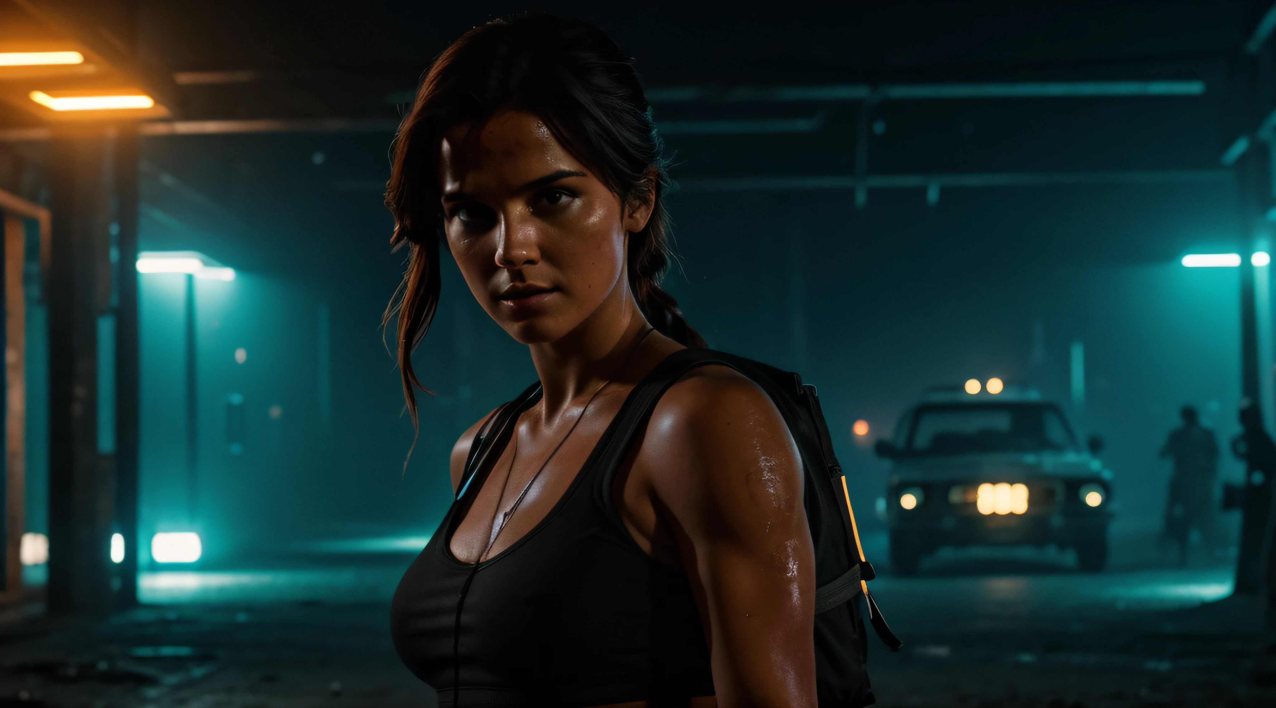(obra prima) (ultradetalhada) (ultrarrealista | | | | | | | | | | | |) tomb raider, em uma festa, neon, cyberpunk, 20 anos de idade Foto premiada, BLN-L24, exposure,Alto contraste,low saturation,high saturation 8k 3D, f 2.8 lentes, Cinematic lighting