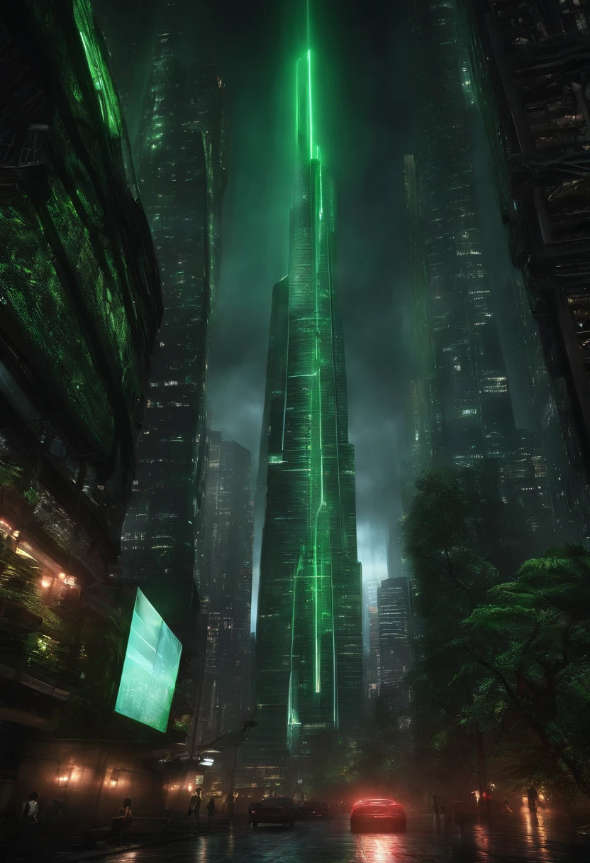 best quality, realistic, HDR, ultra-detailed, architecture from the movie Matrix, futuristic cityscape, cyberpunk style, holographic advertisements, neon lights, towering skyscrapers, cascading digital rain, glass and steel structures, bustling streets, flying vehicles, virtual reality simulations, sleek and minimalist design, black and green color scheme, artificial intelligence-controlled buildings, surveillance cameras, underground tunnels, dark alleyways, robotic agents, drones, Matrix code streaming down buildings, post-apocalyptic atmosphere, rebel hideouts, hidden entrances, distorted reality, glitch effects, reflections in glass surfaces, mysterious and surreal ambiance, hauntingly beautiful aesthetics, dark and ominous tones, immersive 3D environment, infinite skyline, advanced technology, dystopian society.