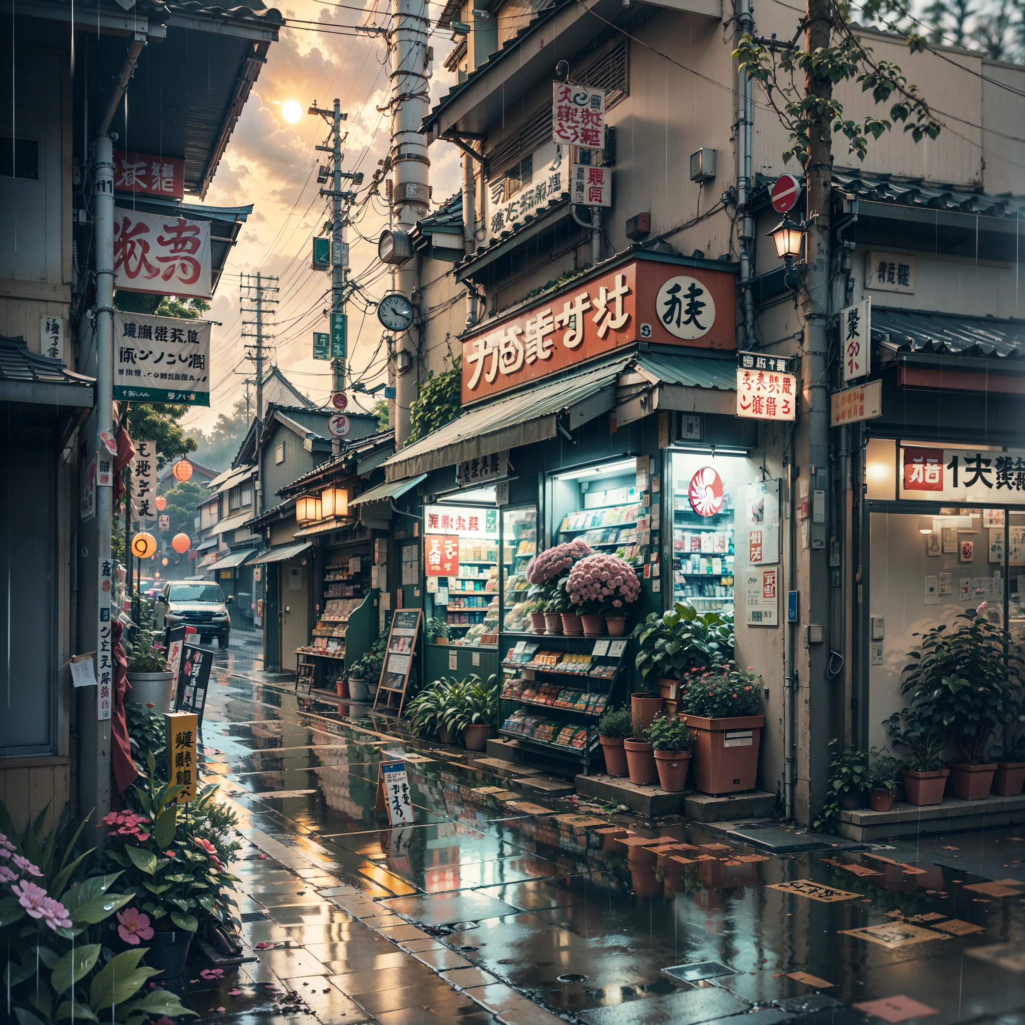 anime background, anime wallpaper, anime, anime style, lofi, lofi style, modern japanese street, modern japanese architecture, japanese convenience store, big retro japanese shop signs, retro japanese store, trees, plants, rocks, plant pots, shop signs, japanese banners, japanese signs, flags, sunrise, rain, raining, heavy rain, dramatic weather, puddles on the floor, rain falling from the sky, rain drops, empty street, no one in sight, (no one: 1), best quality, rural tokyo, sun in sky