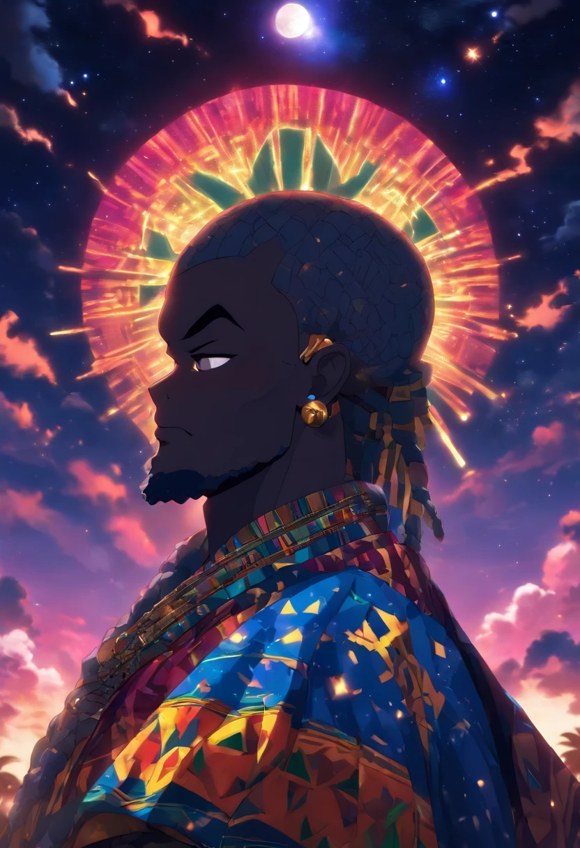 (((Ghanaian God))) best quality, ultra-high resolution, 4K detailed CG, master piece, old man, bald, no hair, white beard, Ghanaian clothing, African mythology, Ghana, ((night sky in the background)) , African image, aesthetic, centered on screen