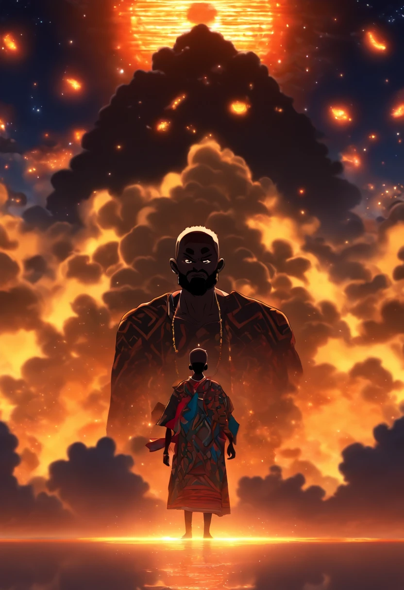(((Ghanaian God))) best quality, ultra-high resolution, 4K detailed CG, master piece, old man, bald, no hair, white beard, Ghanaian clothing, African mythology, Ghana, ((night sky in the background)) , African image, aesthetic, centered on screen