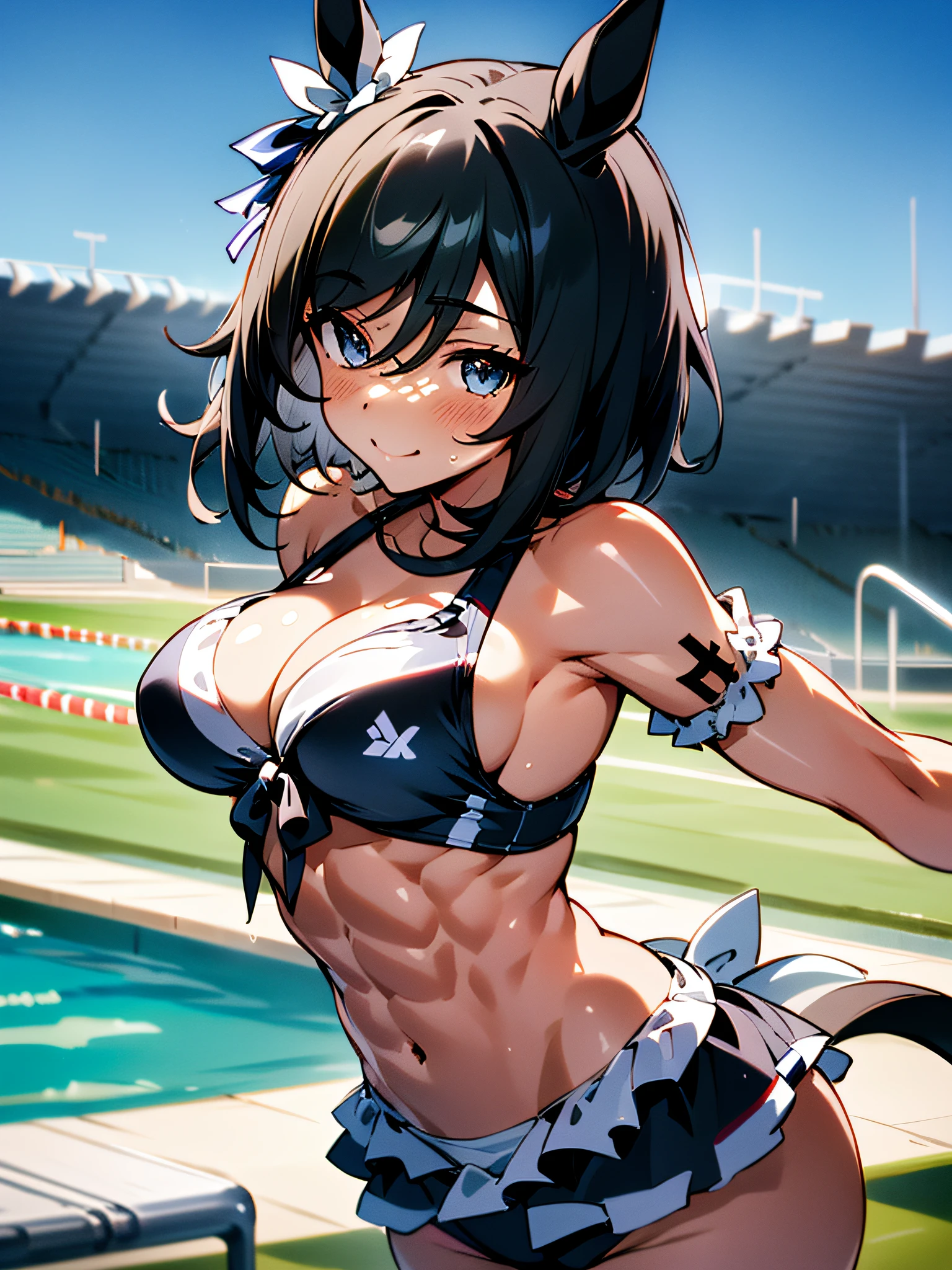 eishin flash \(umamusume\), ((bikini)), ((abs)), , detailed eyes, (have a silky short black tail), light smile, big tits, masterpiece, best quality, (ultra-detailed) athlete, morning, official art, in stadium, (well-muscled), pool