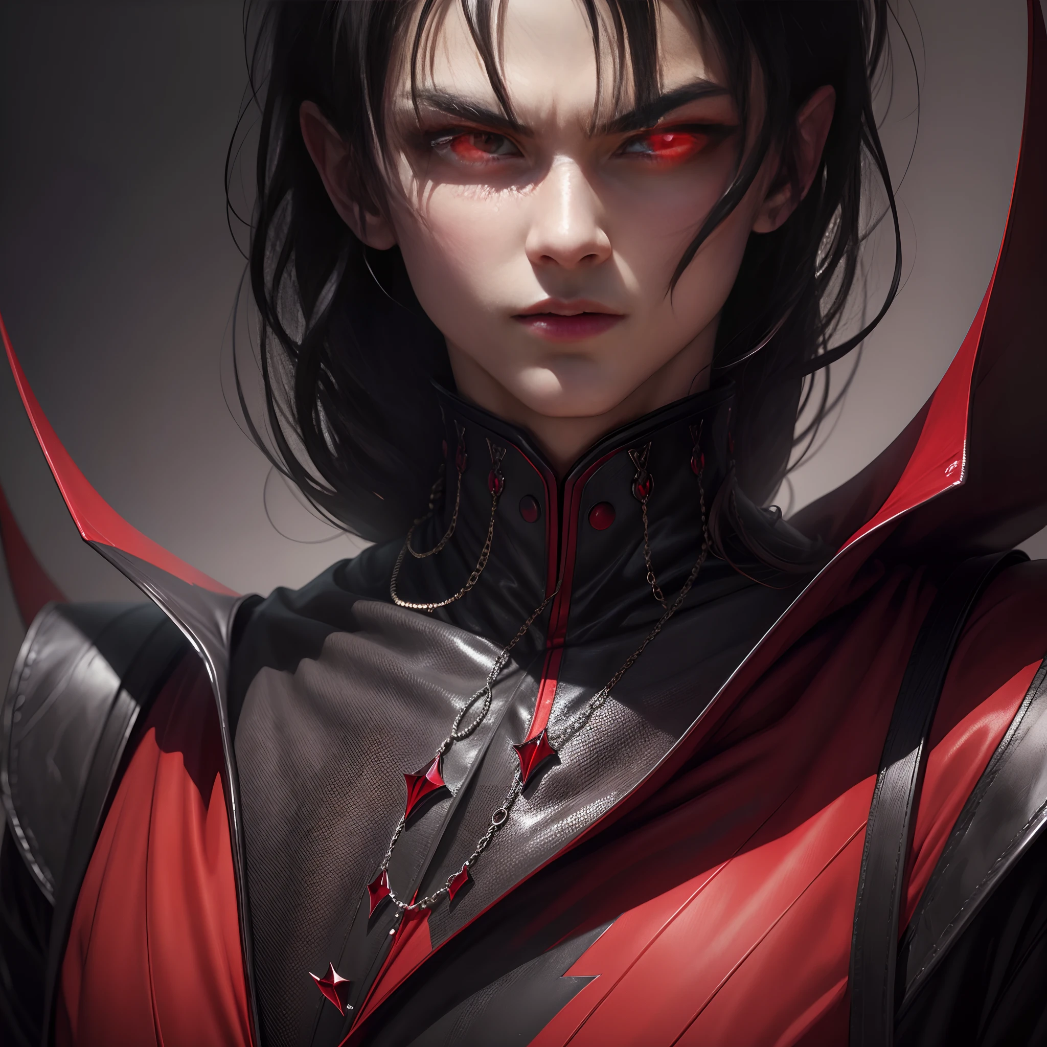 8k, Best Quality, Masterpiece, vampire, man, glowing red eyes, detailed eyes, wallpaper, black hair