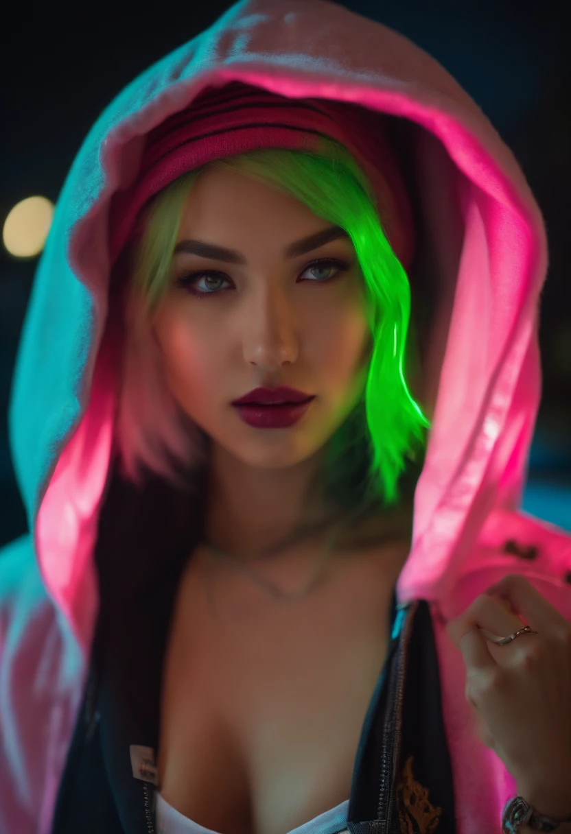 (8K, RAW photo, Highest quality, Masterpiece), High Detail RAW Color Photo Professional Close Photo, (Realism, Photo realism:1.4), (Highest quality), (Best shadow), (Best Illustration),Surreal face, Blue eyes, Girl with long neon green hair, Wear a short hoodie hood, Check plaid maxi skirt, Tight high socks, Hide the hoverboard, Tokyo at night, neonlight, Neon pink, neon blue, Neon lime green