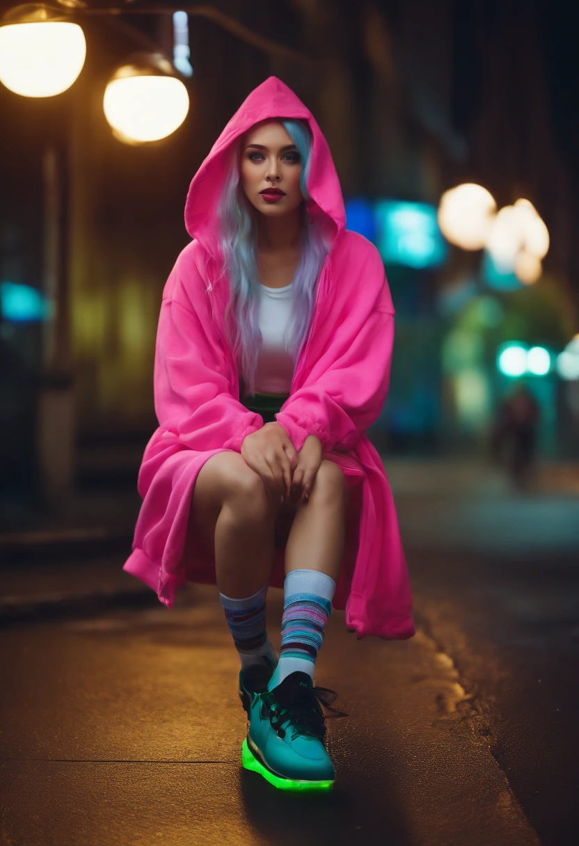 (8K, RAW photo, Highest quality, Masterpiece), High Detail RAW Color Photo Professional Close Photo, (Realism, Photo realism:1.4), (Highest quality), (Best shadow), (Best Illustration),Surreal face, Blue eyes, Girl with long neon green hair, Wear a short hoodie hood, Check plaid maxi skirt, Tight high socks, Hide the hoverboard, Tokyo at night, neonlight, Neon pink, neon blue, Neon lime green