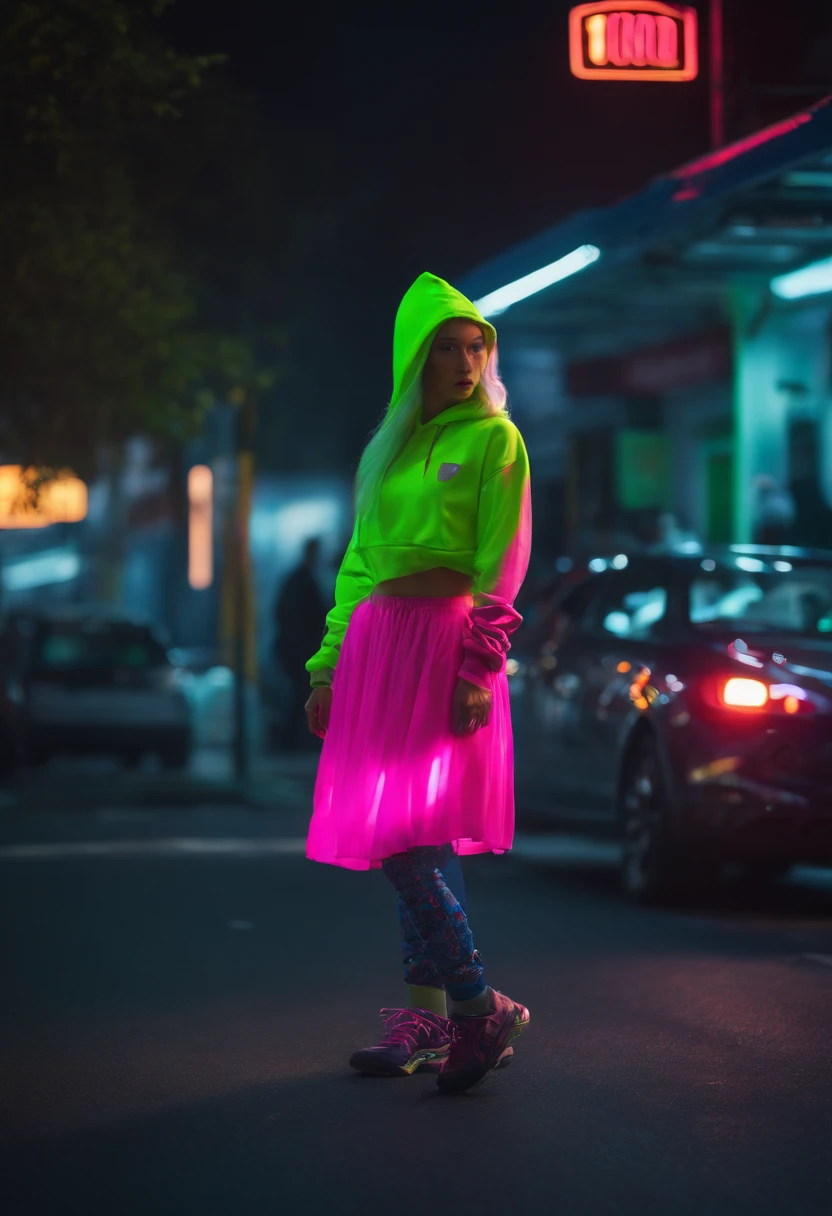 (8K, RAW photo, Highest quality, Masterpiece), High Detail RAW Color Photo Professional Close Photo, (Realism, Photo realism:1.4), (Highest quality), (Best shadow), (Best Illustration),Surreal face, Blue eyes, Girl with long neon green hair, Wear a short hoodie hood, Check plaid maxi skirt, Tight high socks, Hide the hoverboard, Tokyo at night, neonlight, Neon pink, neon blue, Neon lime green