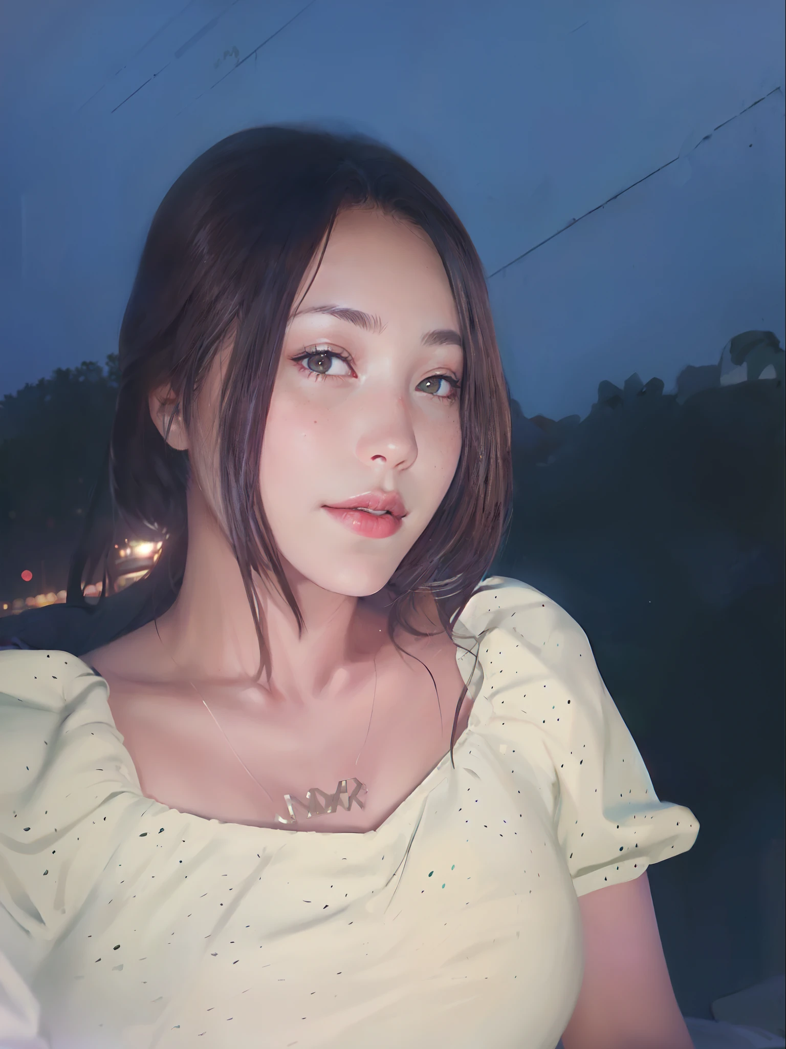 ((Realistic lighting, best qualtiy, 8k, tmasterpiece:1.3)), sharp fokus:1.2, 1girl, Beautiful Women with Perfect Figure:1.4, Slim abs:1.1, ((dark brown  hair)), (White crop top:1.4）,（exteriors，during night：1.1），Sit on the indoor bed，Ultra-fine face，Fine ey...