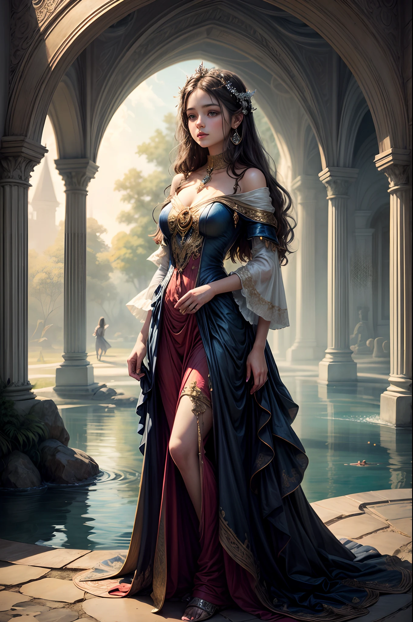 Painting: An enchanting artwork portraying a girl wearing silk, standing at the edge of a mystical pool, surrounded by swirling enchantments, with the distant planet casting an ethereal light upon her.