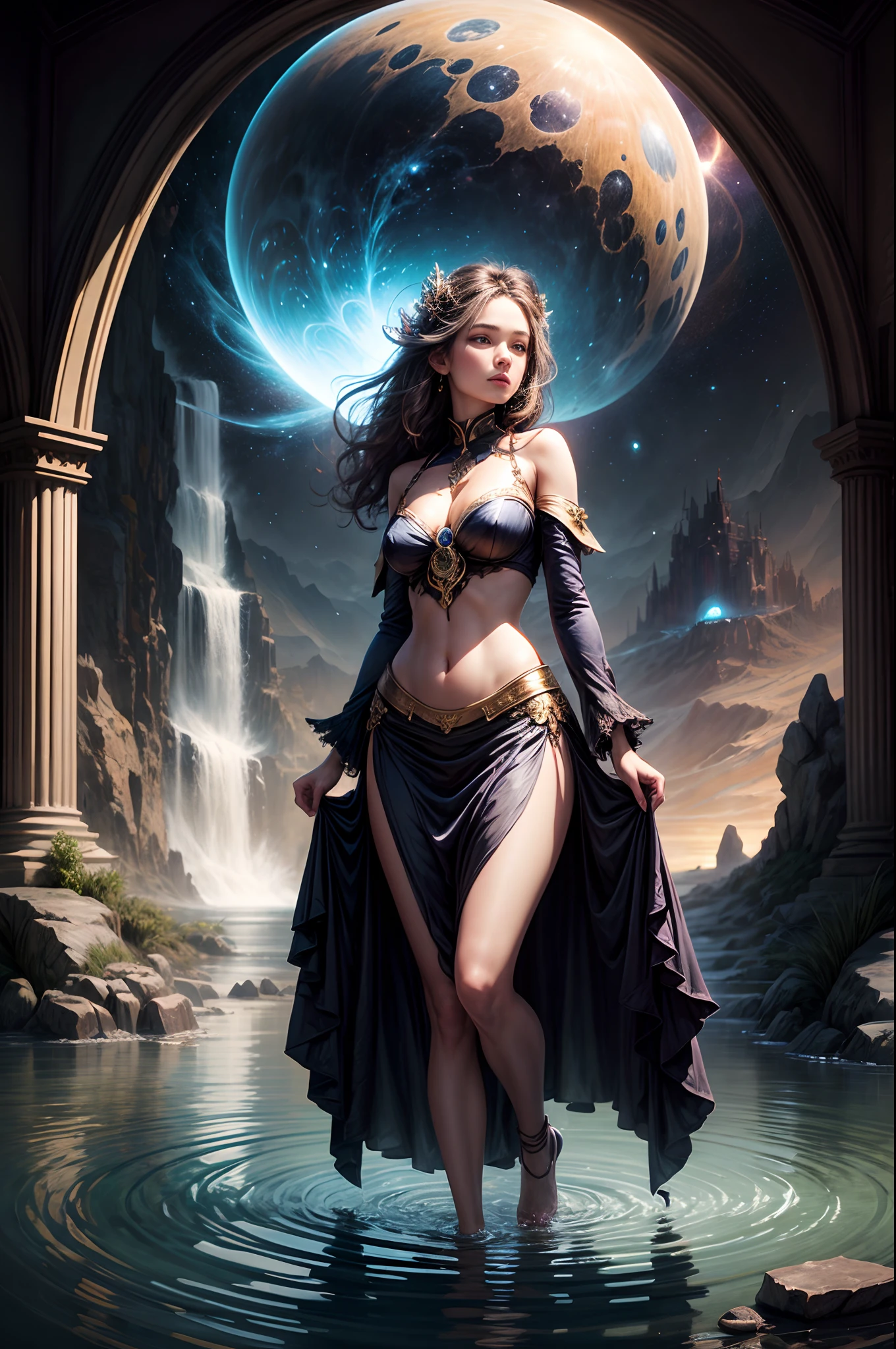 Painting: An enchanting artwork portraying a girl wearing silk, standing at the edge of a mystical pool, surrounded by swirling enchantments, with the distant planet casting an ethereal light upon her.
