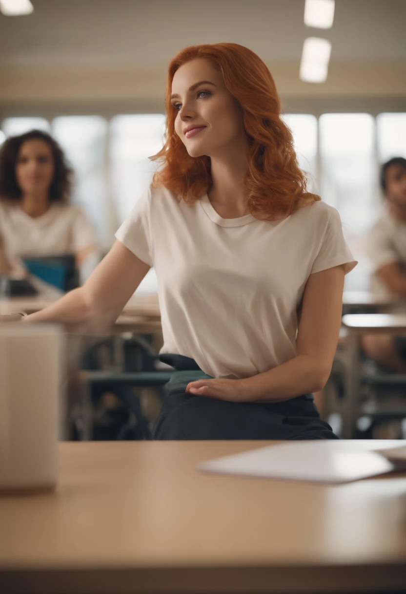 crop t-shirt, underboob, crop top, underboob,1vgirl,solo, upper body, looking at viewer, happy, seductive smile , short sleeves, big breats:1.5, ginger hair:1.5,walking through a school room with boys sitting at desks