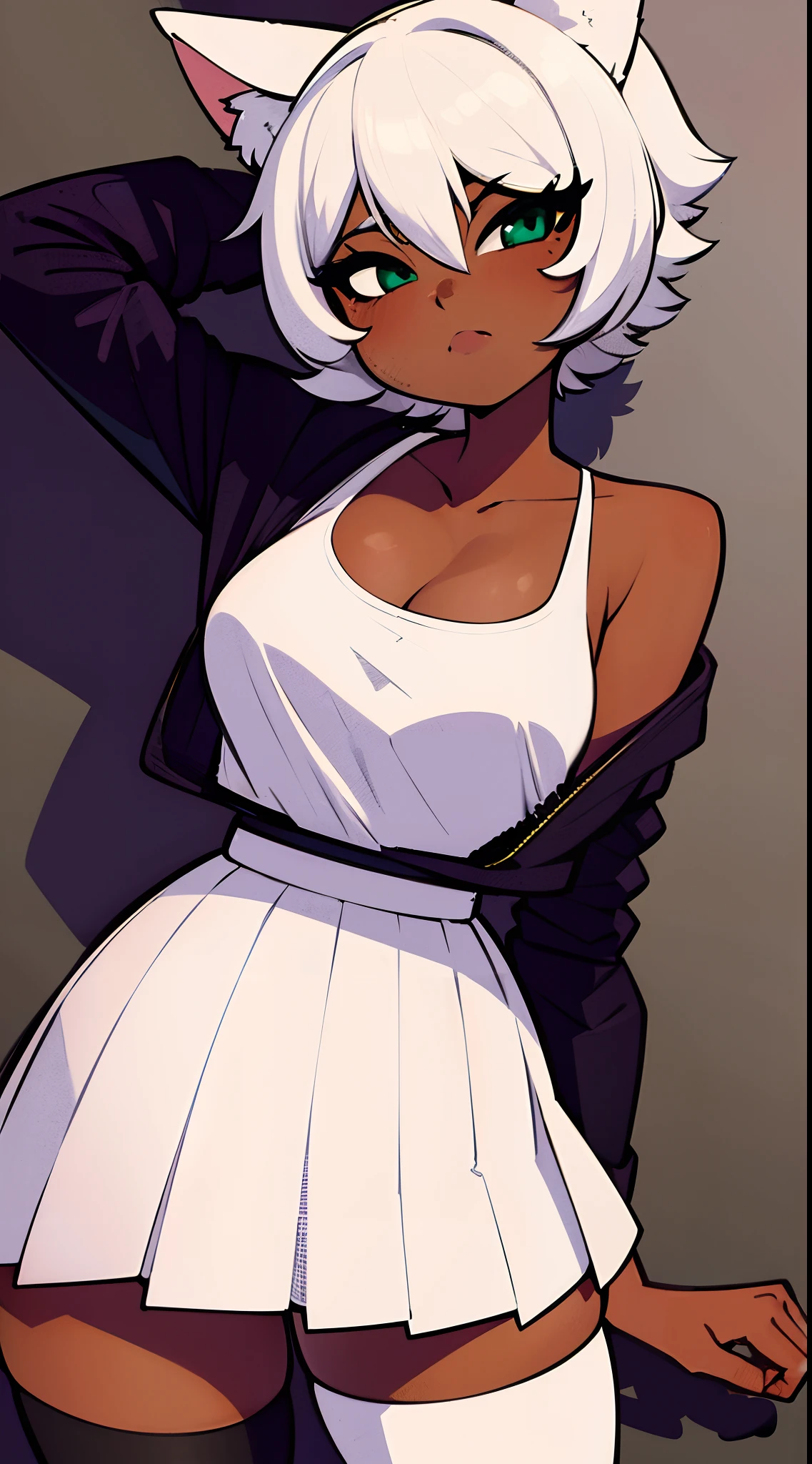 (masterpiece), best quality, 1girl, dark skin, gyaru, tomboy, cat girl, cat ears, short hair, white hair, pleated skirt, thigh high socks, (cartoon style), big eyes