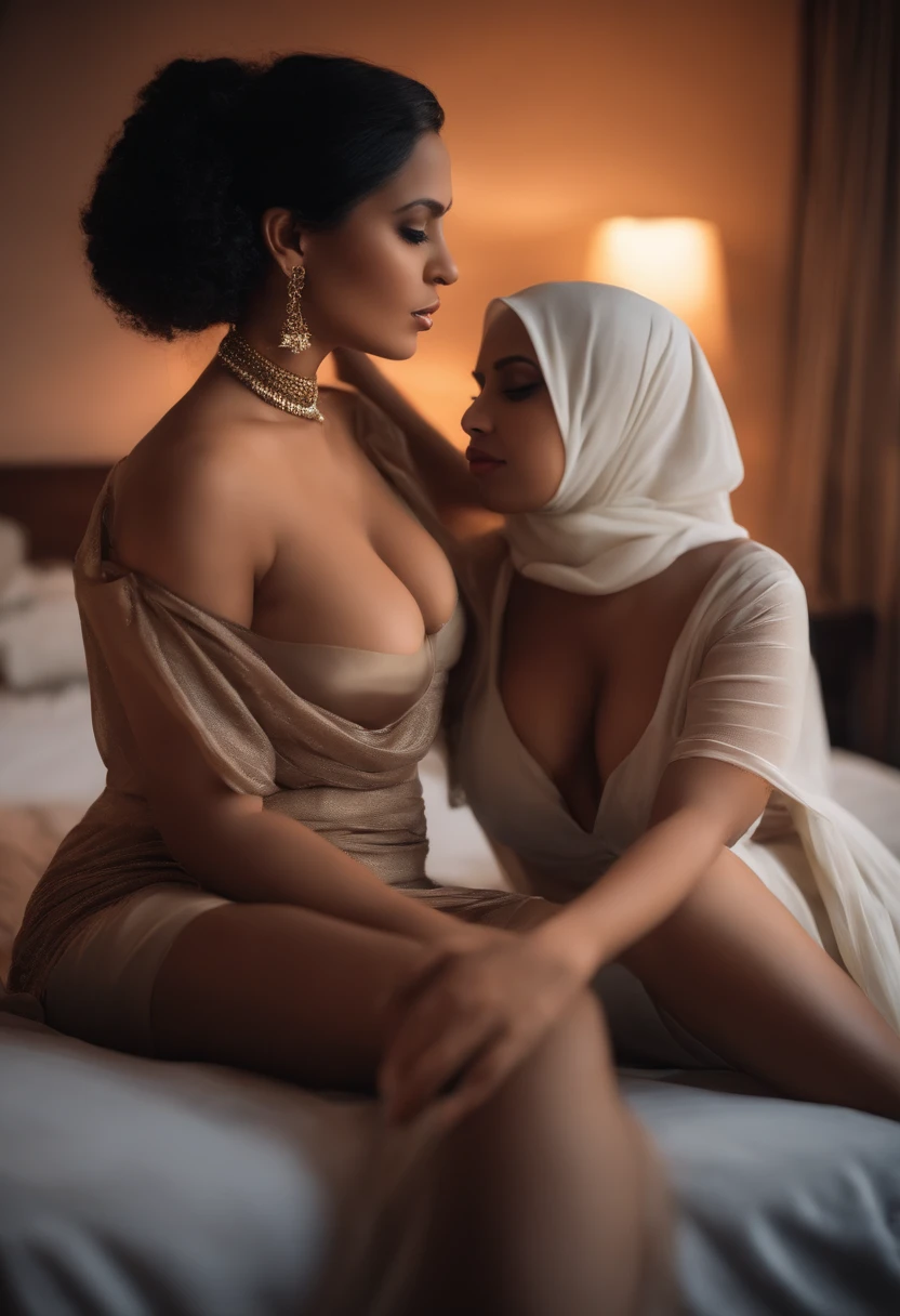 Lesbians, hijab, long dress, big boobs, Nipple, romantic, in room, on bed, sexy, seductive, licking each others lips, love, sexy, soft Lighting, want to , with