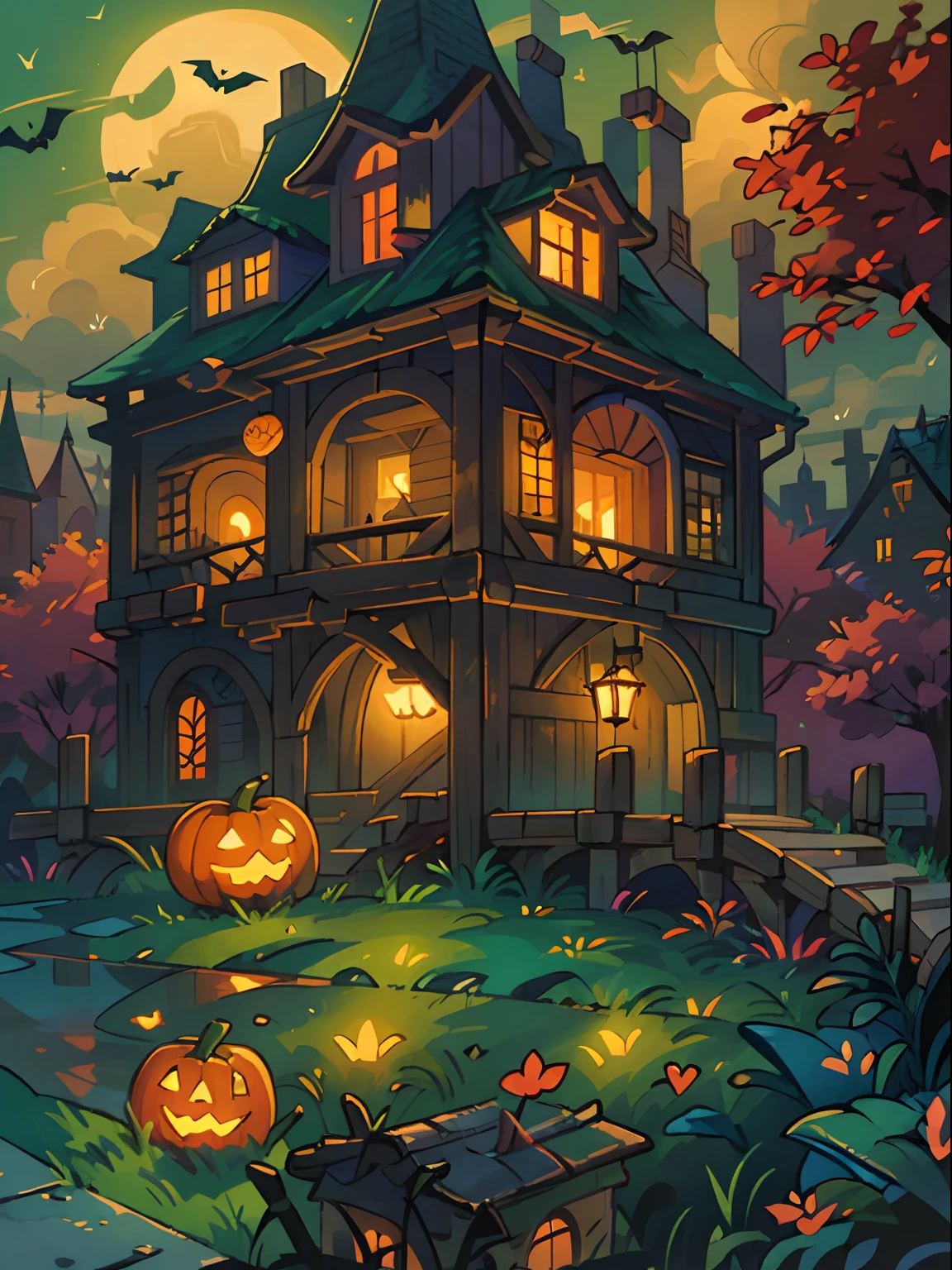 Halloween Floating Lights, Cinematic light and reflection, glowing lights, Intermediate metaverse elements，Digital Painting, Glowing reflections, pondering, Halloween Jack-o'-lantern, calm night, Digital Illustration, Beautiful atmosphere, Skylight at night, Calm evening atmosphere, Jack-o'-lantern, Halloween, the night, themoon, The game scene, Halloween, Surrounded by clouds, Buildings in medieval Europe, glazed tiles, ue, gorgeous colors, There are three arches in the foreground((color ink)), ( (Splash ink ) ), ((Splash ink) inky})), tmasterpiece, high quarity, Beautiful graphics, high detal,Magnificent