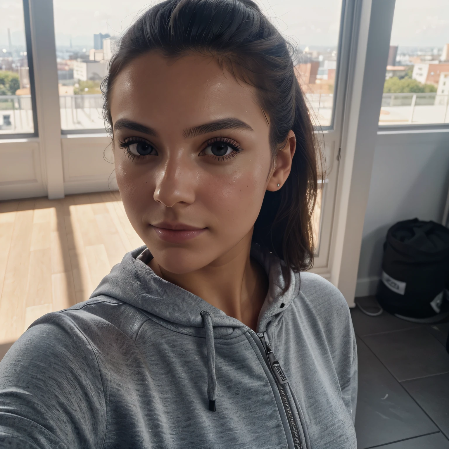Selfie seen from above a gorgeous girl, at the gym, in sportswear, fille, automne, Fille chaude, (((buste lourd))), cheveux bruns, long_cheveux, symmetrical face, photoreallistic, photographie, Phone camera, natural lighting, magnifique, clivage, occidental, Lo-fi, High resolution, Extremely detailed, peau avec pores, realistic lighting, natural light, selfie, visage naturel, Moles, instagram pose, influencer, Low Fidelity