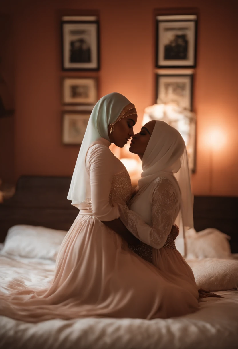 two hijabi girls making love sex on bed lesbians hijab short revealing dresses nipples licking spit