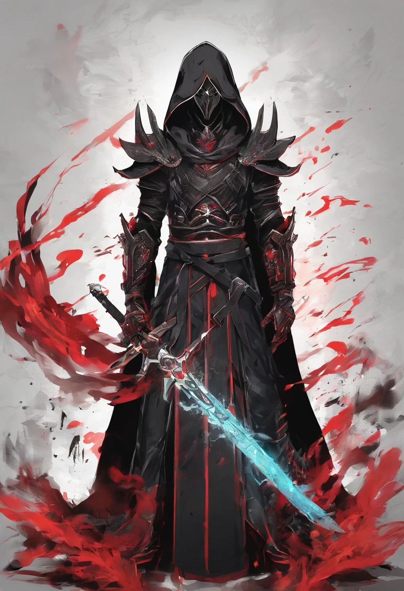 Priest Warrior, his two hands are holding two great dark blades that scrap the floor, full body, 2 red lights are coming from his eyes, dark fantasy style, Clothes and armor dyed in black, with a hood that's masking his face