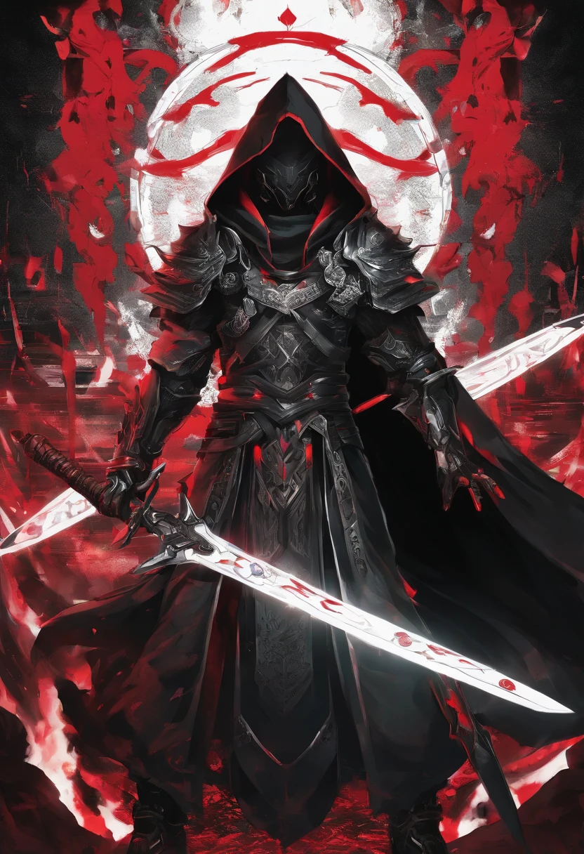 Priest Warrior, his two hands are holding two great dark blades that scrap the floor, full body, 2 red lights are coming from his eyes, dark fantasy style, Clothes and armor dyed in black, with a hood that's masking his face