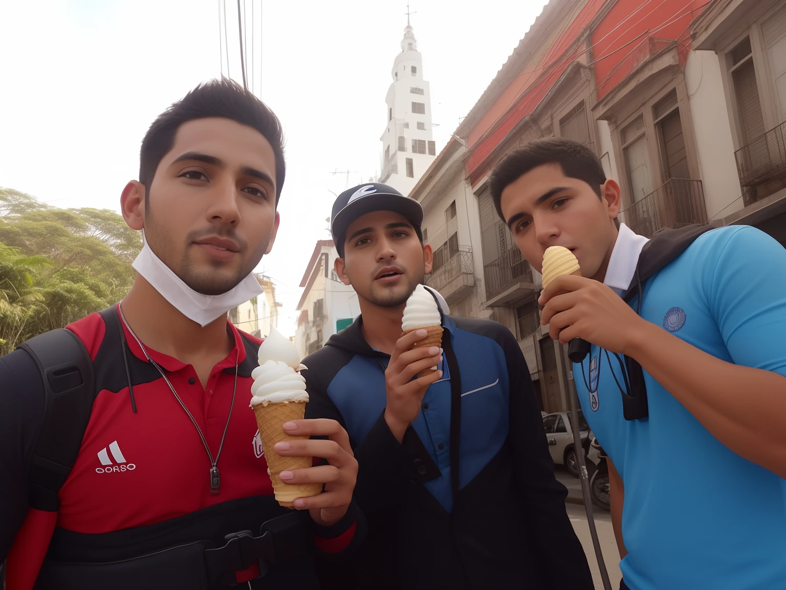 Three men are eating ice cream cones on a city street, comer sorvete, sorvete ao lado, comer sorvete - creme, gelado, Paulo Pepera Pablo Roldan, casquinha de sorvete, casquinhas de sorvete, Directed by: Maximilian Cercha, Directed by: Luis Miranda, meninos bonitos, Tiro em GoPro9, Directed by: Ric Estrada, Comer, gostoso