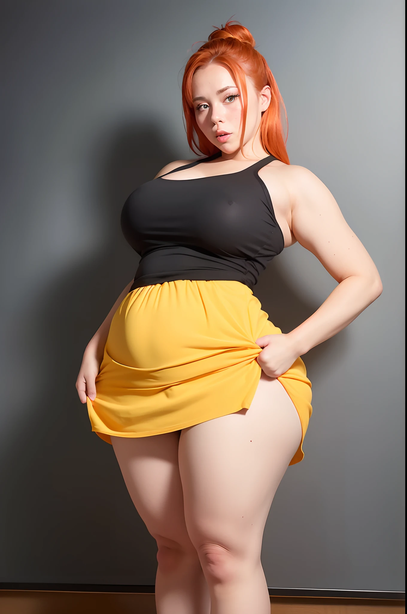 Teacher in front of a blackboard in a tight yellow sundress that strains against her curves. her thighs are thick and muscular and strain the fabric of her sundress. Her massive bust stretches the top seductively. She has bright red orange hair. Beautiful redhead with freckles. Her bust is positively gigantic and her ass is round and tight. she has a very thin waistline. She looks upset with the viewer