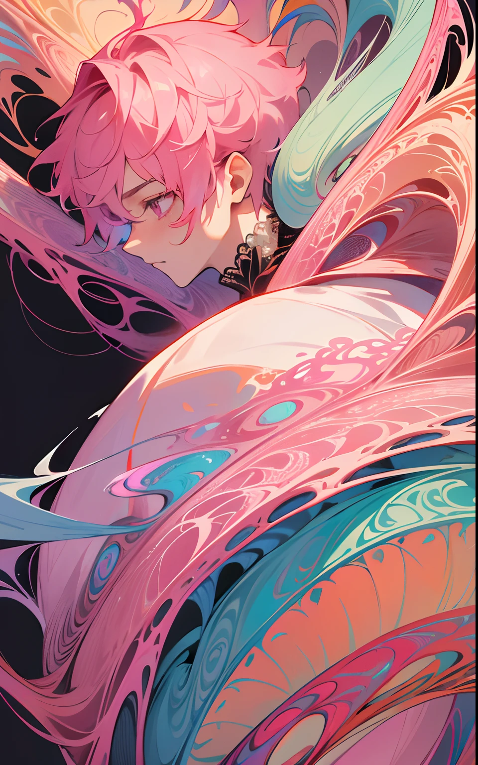 masterpiece, top quality, best quality, official art, beautiful and aesthetic:1.2), (1man), teen man, young man, man of 16, extreme detailed,(fractal art:1.3),colorful,highest detailed, pink hair, short hair, pink eyes, prince, thin, sitting, holding crown, mask, abstract dark background