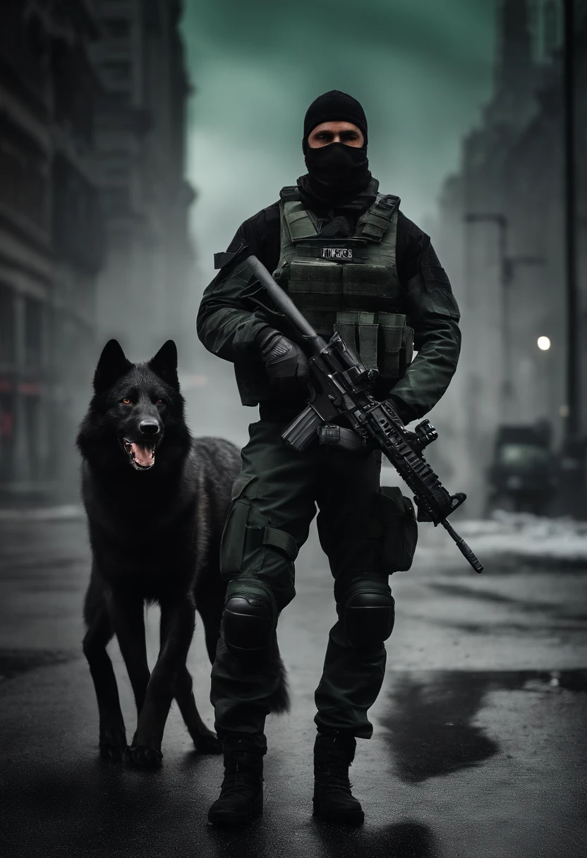 The black and white colored wolf is wearing American military modern equipment and vest, holding the m4a4 gun. In the photo, he is not visible from the waist down, the background is blurred and there is a green special forces/SWAT vehicle in the background.  The atmosphere is foggy.  There are tall gray and muffled buildings in the background