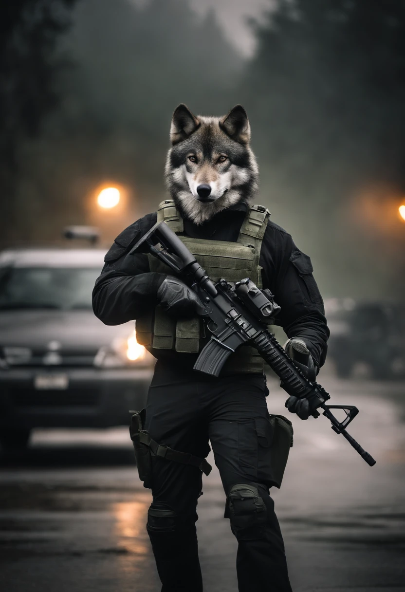 The black and white colored wolf is wearing American military modern equipment and vest, holding the m4a4 gun. In the photo, he is not visible from the waist down, the background is blurred and there is a green special forces/SWAT vehicle in the background. The atmosphere is foggy. There are tall gray and muffled buildings in the background