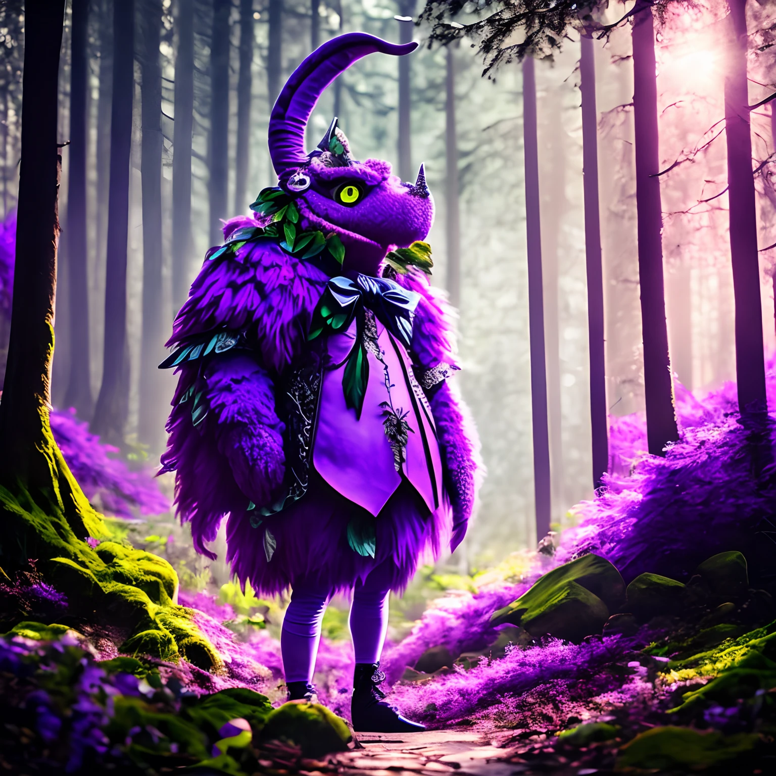 Purple monster in a fairytale forest in the style of Alice in Wonderland