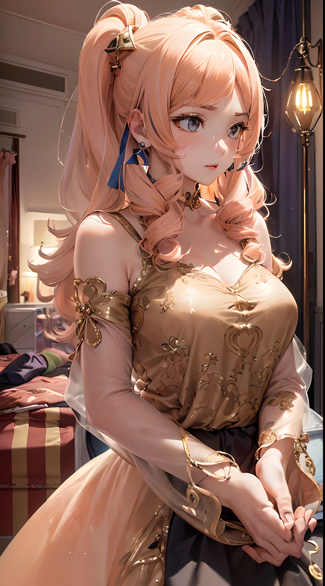 ((Finest quality)),(超A high resolution),(ultra-detailliert),(Meticulous portrayal),((Best CG)),(Finest works of art),Ultra-Precision Art,The art of astounding depiction, (1人の女性:1.5),(light peach-colored hair:1.5),((Well-dressed), ((Her room:1.7)),