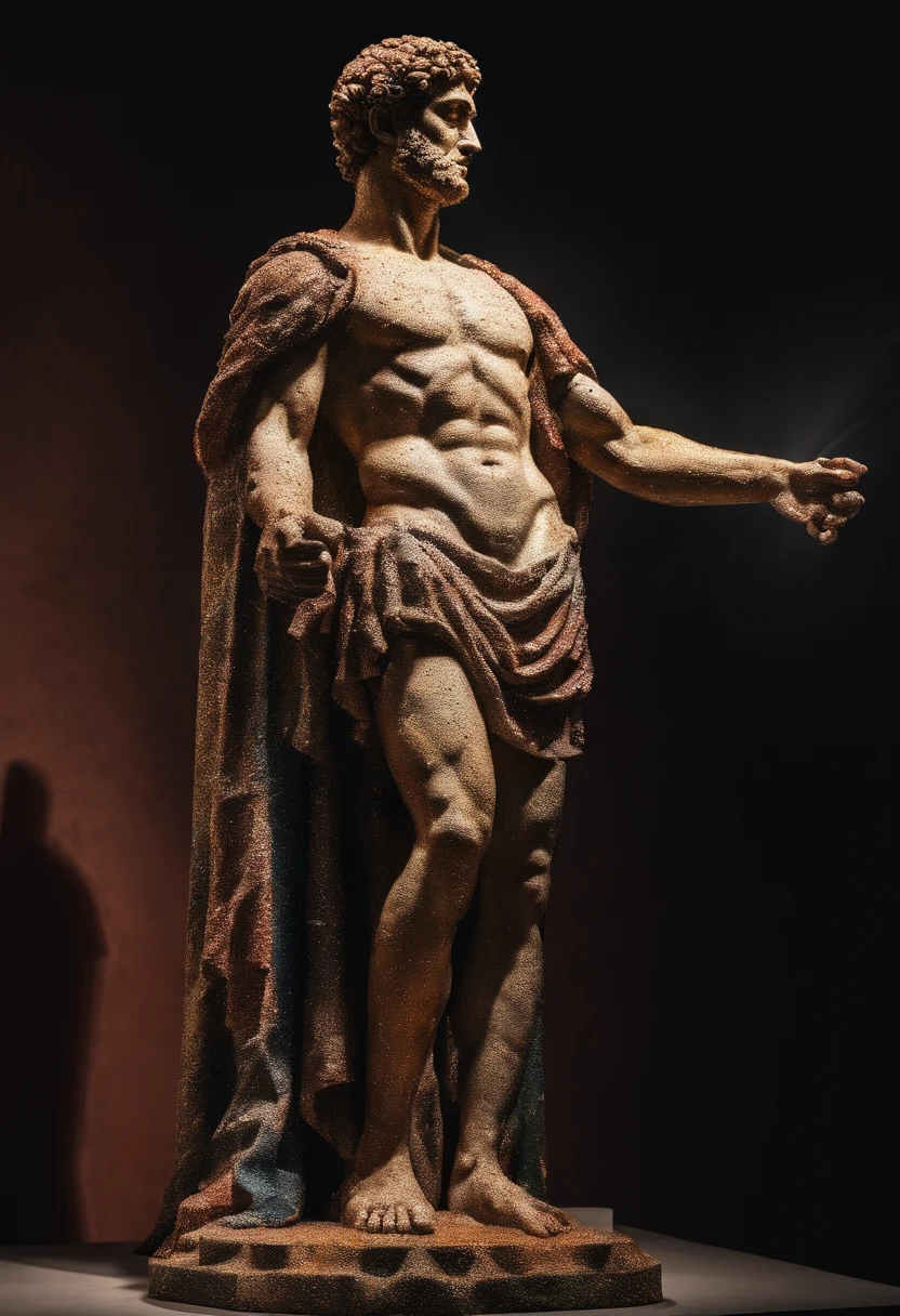 Strong roman statue in a dark studio with a spotlight shining on him.