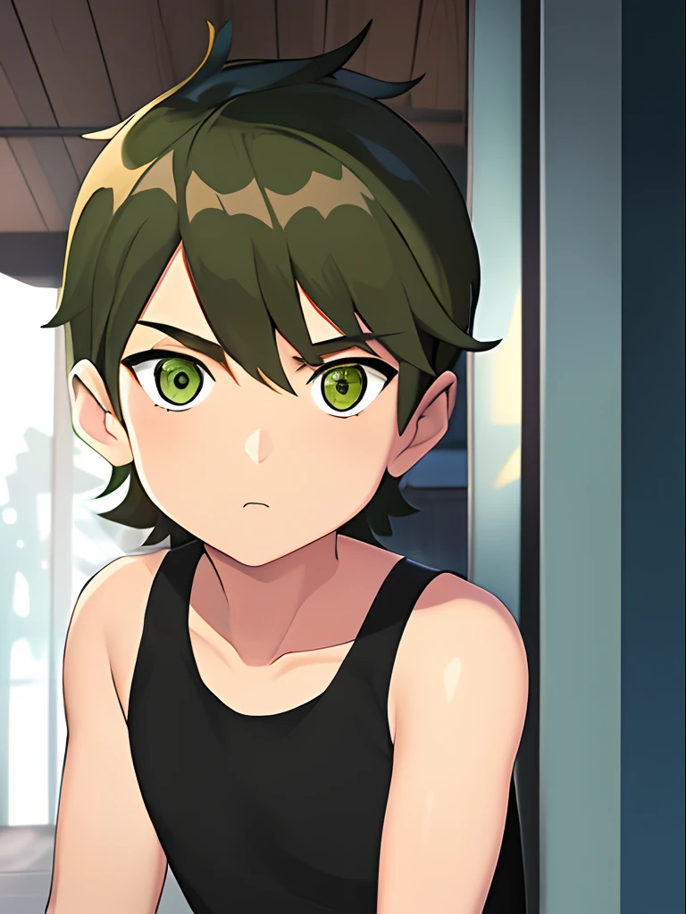 Highres, Masterpiece, Best quality at best,Best Quality, 1boy, bentennyson, green eyes, cargo pants, tank top, close-up the body, upper body, the day, summer