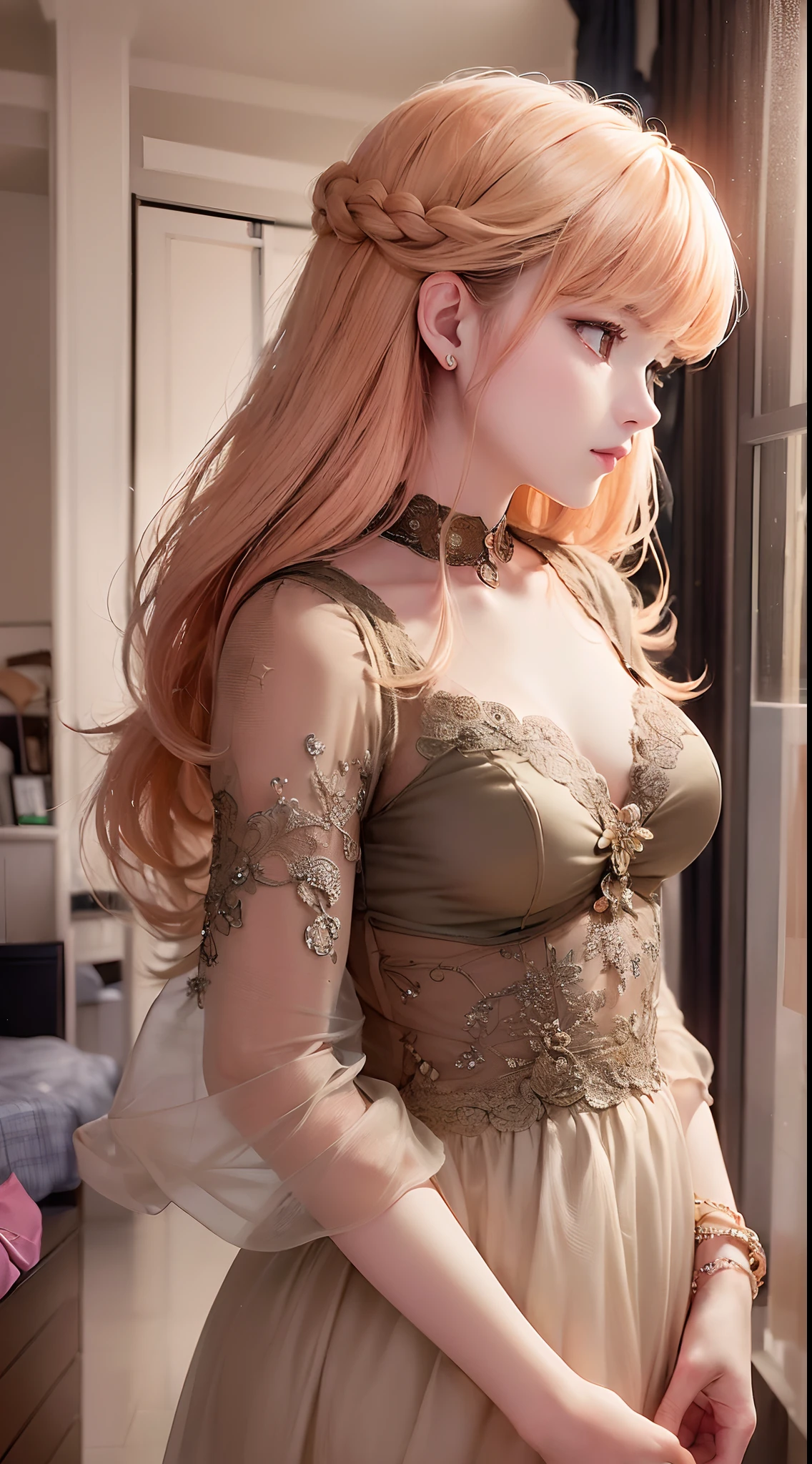 ((Finest quality)),(超A high resolution),(ultra-detailliert),(Meticulous portrayal),((Best CG)),(Finest works of art),Ultra-Precision Art,The art of astounding depiction, (1人の女性:1.5),(light peach-colored hair),((Well-dressed), ((Her room:1.7)),