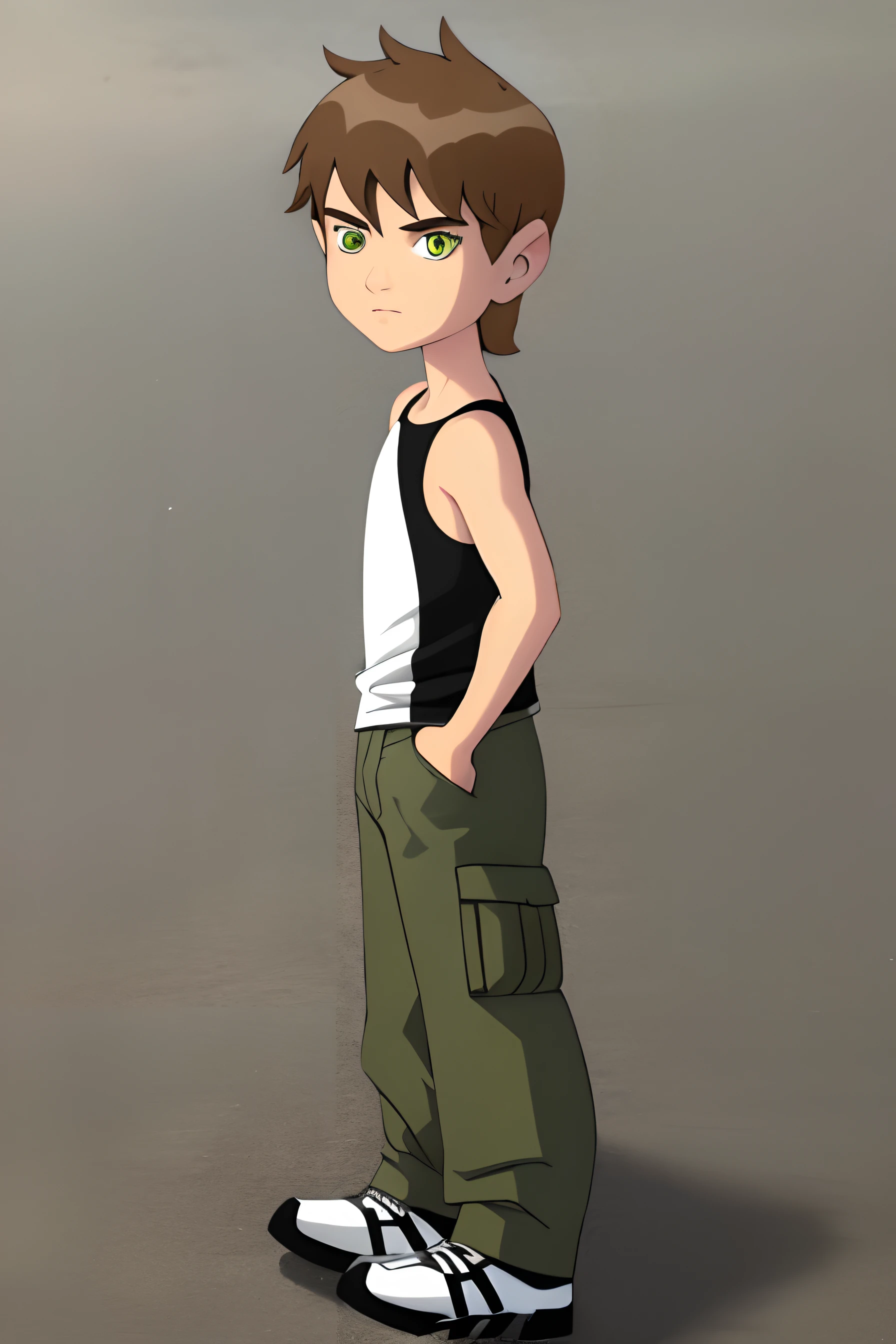 Highres, Masterpiece, Best quality at best,Best Quality, 1boy, bentennyson, green eyes, cargo pants, tank top, the day, summer