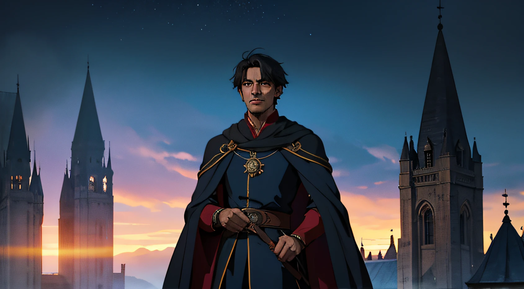 Por favor, Create artwork that depicts a fearless magician. He's a handsome man, mas assustador, with an aura of mystery and magical power. He's partially hidden in the shadows, so that your face is not visible, only his silhouette and magical robes are discernible. The wizard is at the head of an army of terrifying warriors, todos vestidos com armaduras medievais. In the scenery, There is a majestic medieval castle in the background, com torres altas e ameias, rodeado por uma floresta densa e misteriosa. in sky, djinns voam, Creating a magical and enchanted environment. A cena deve ser em 2D, but with a deep insight that gives the feeling of depth and mystery. This artwork will be used in the game's main menu to create an epic and magical atmosphere. Por favor, Make sure the details are crisp and the color palette evokes medieval magic and fantasy.