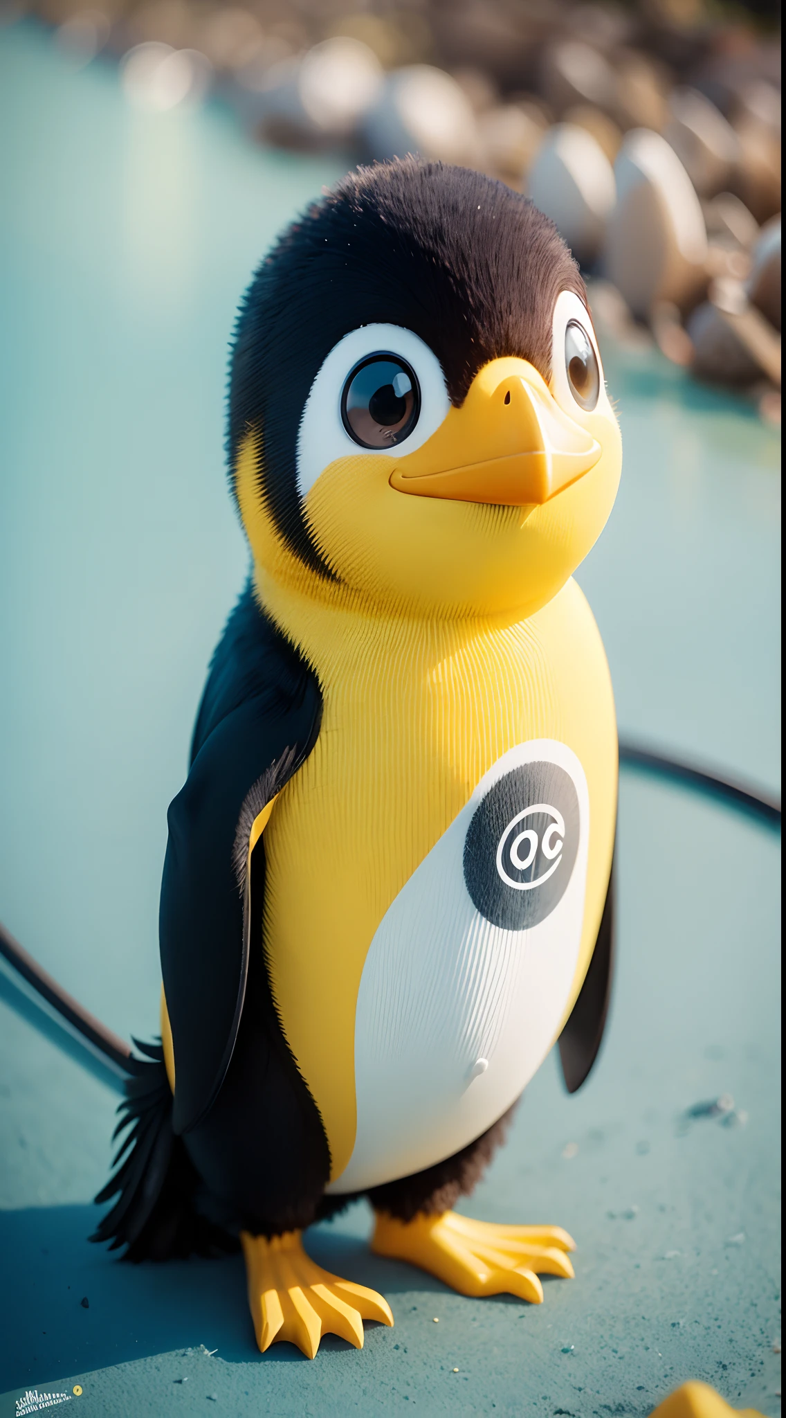 penguim amarelo, fofo, gordinho, segurando um microfone